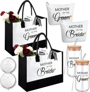Paterr 8 Pcs Mother of the Bride and Mother of the Groom Gifts Set Canvas Tote Bag Drinking Glass Cups Makeup Bags Mirror (Classic)