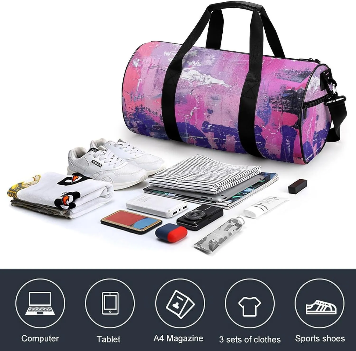 Peach And Purple Painting Gym Bag Small Travel Duffle Bag with Compartment Carry On Weekender Bag for Women Men
