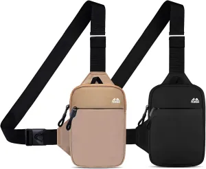 Peicees Mini Crossbody Sling Bag Chest Bag Dual Pocket Water Resistant Running Phone Holder Shoulder Bag for Men Women Workout Travel Gym, Khaki and Black