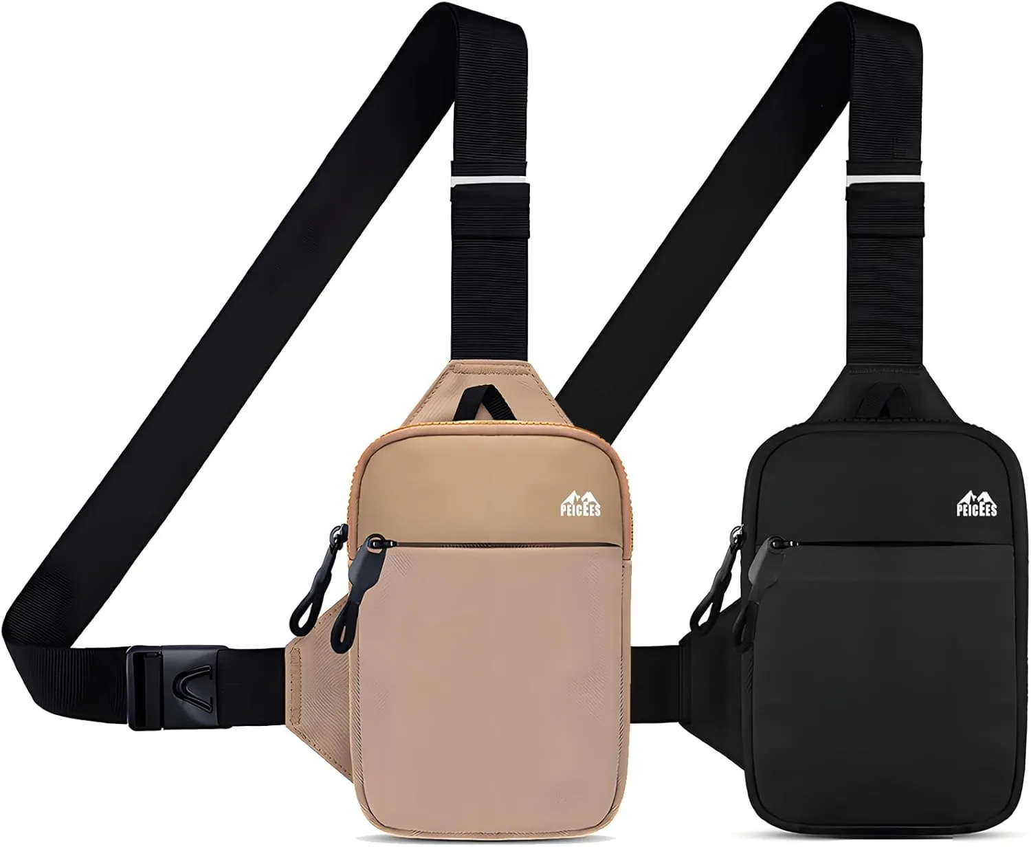 Peicees Mini Crossbody Sling Bag Chest Bag Dual Pocket Water Resistant Running Phone Holder Shoulder Bag for Men Women Workout Travel Gym, Khaki and Black