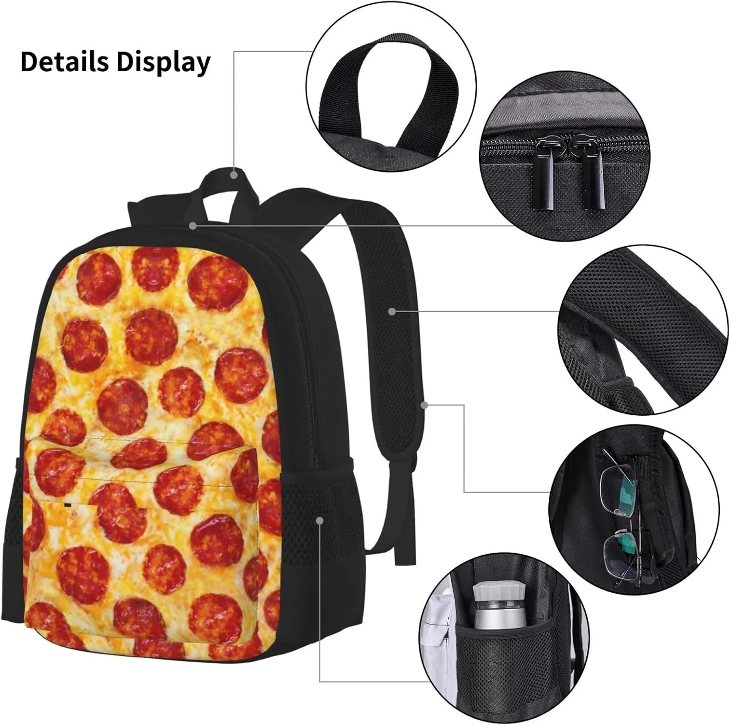 Pepperoni Pizza Multifunctional Pocket Backpack Crossbody Lunch Bag Pencil Case 3Pcs Set Large Capacity Backpack