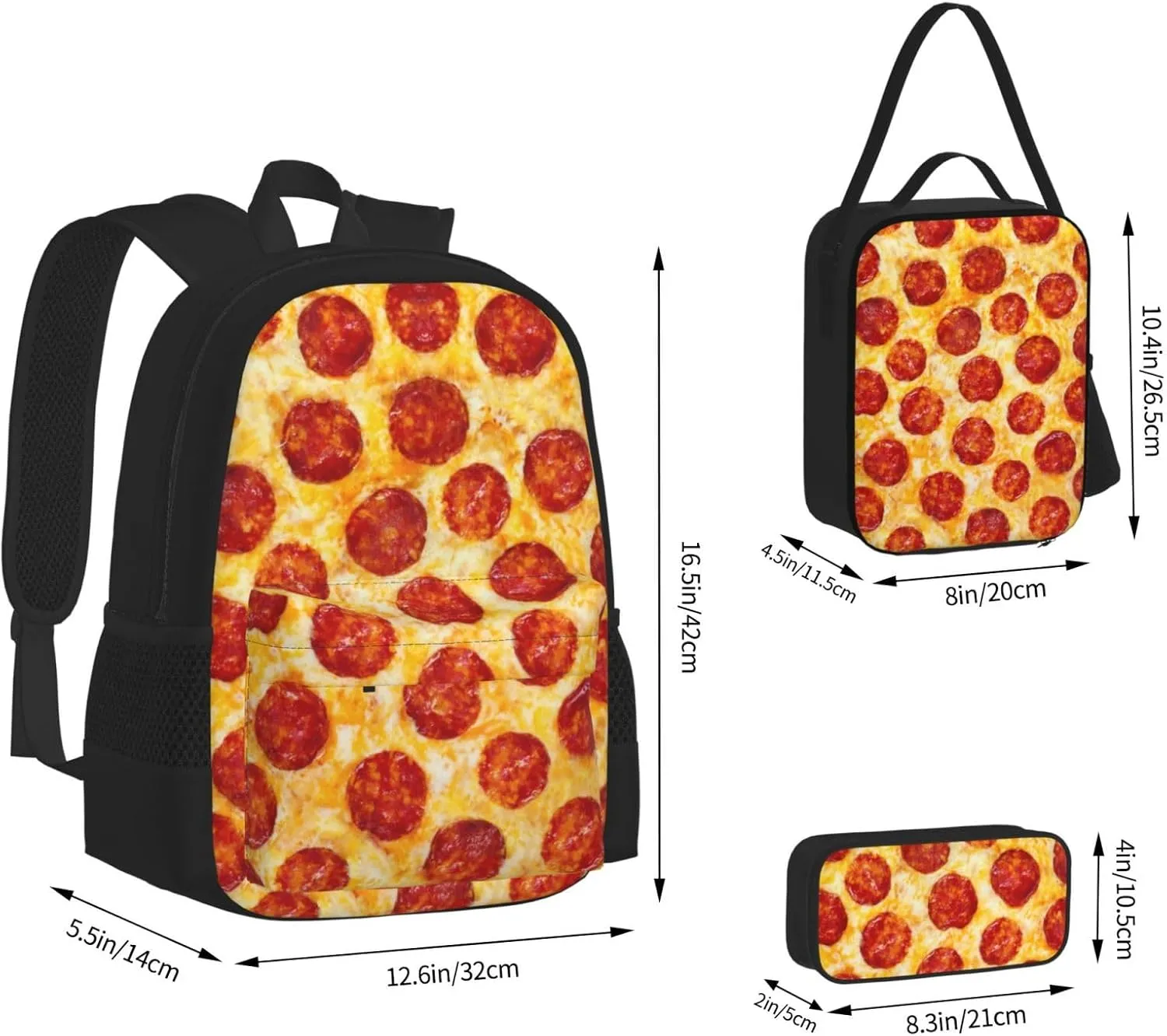 Pepperoni Pizza Multifunctional Pocket Backpack Crossbody Lunch Bag Pencil Case 3Pcs Set Large Capacity Backpack