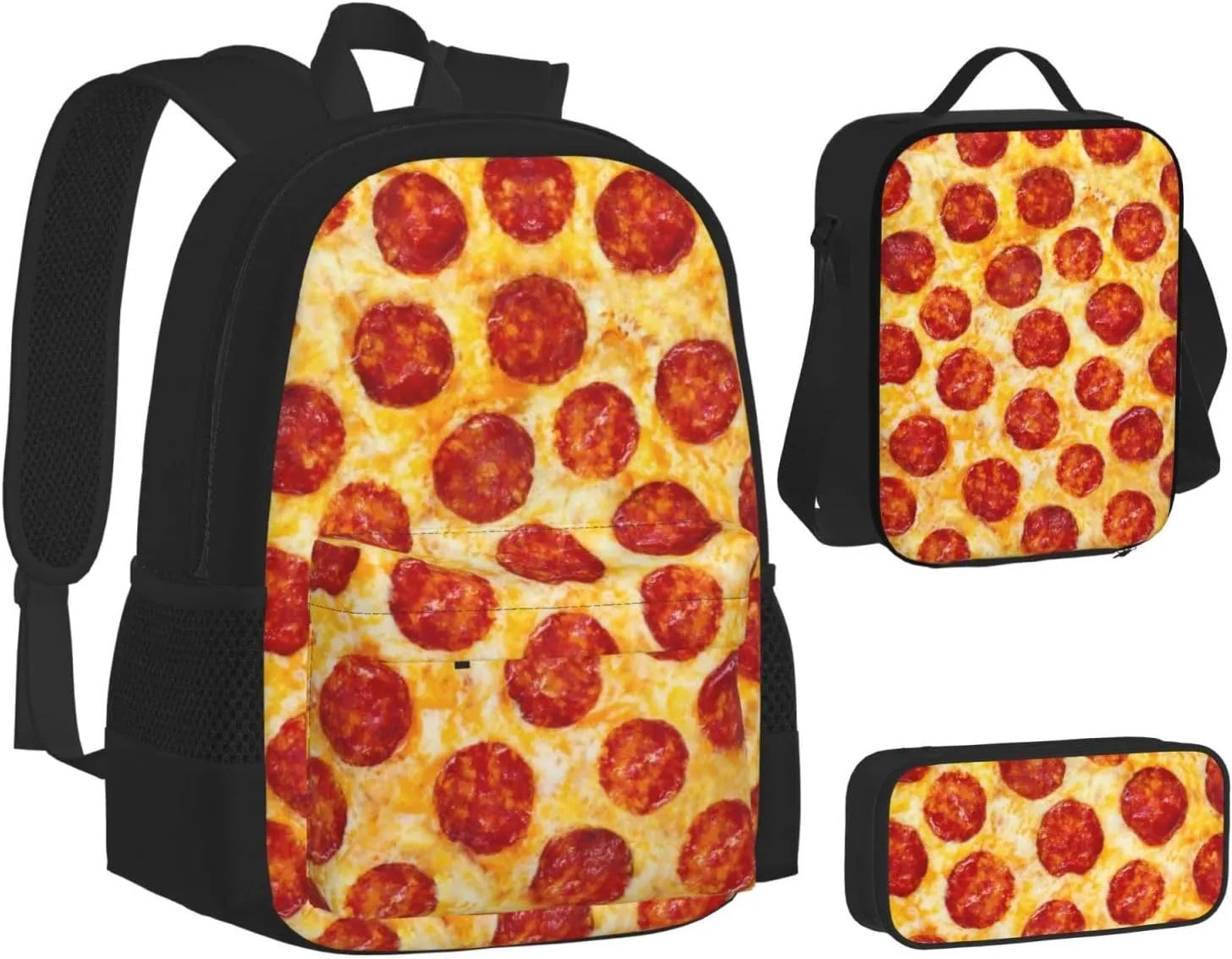 Pepperoni Pizza Multifunctional Pocket Backpack Crossbody Lunch Bag Pencil Case 3Pcs Set Large Capacity Backpack