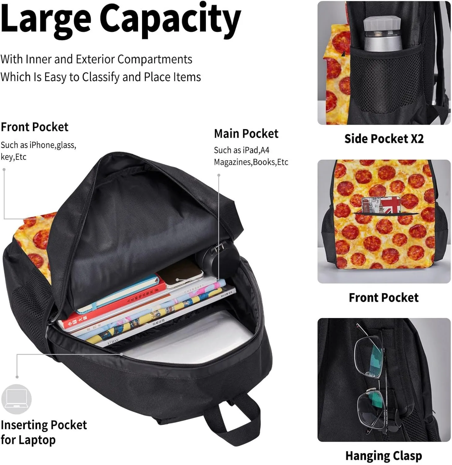 Pepperoni Pizza Multifunctional Pocket Backpack Crossbody Lunch Bag Pencil Case 3Pcs Set Large Capacity Backpack