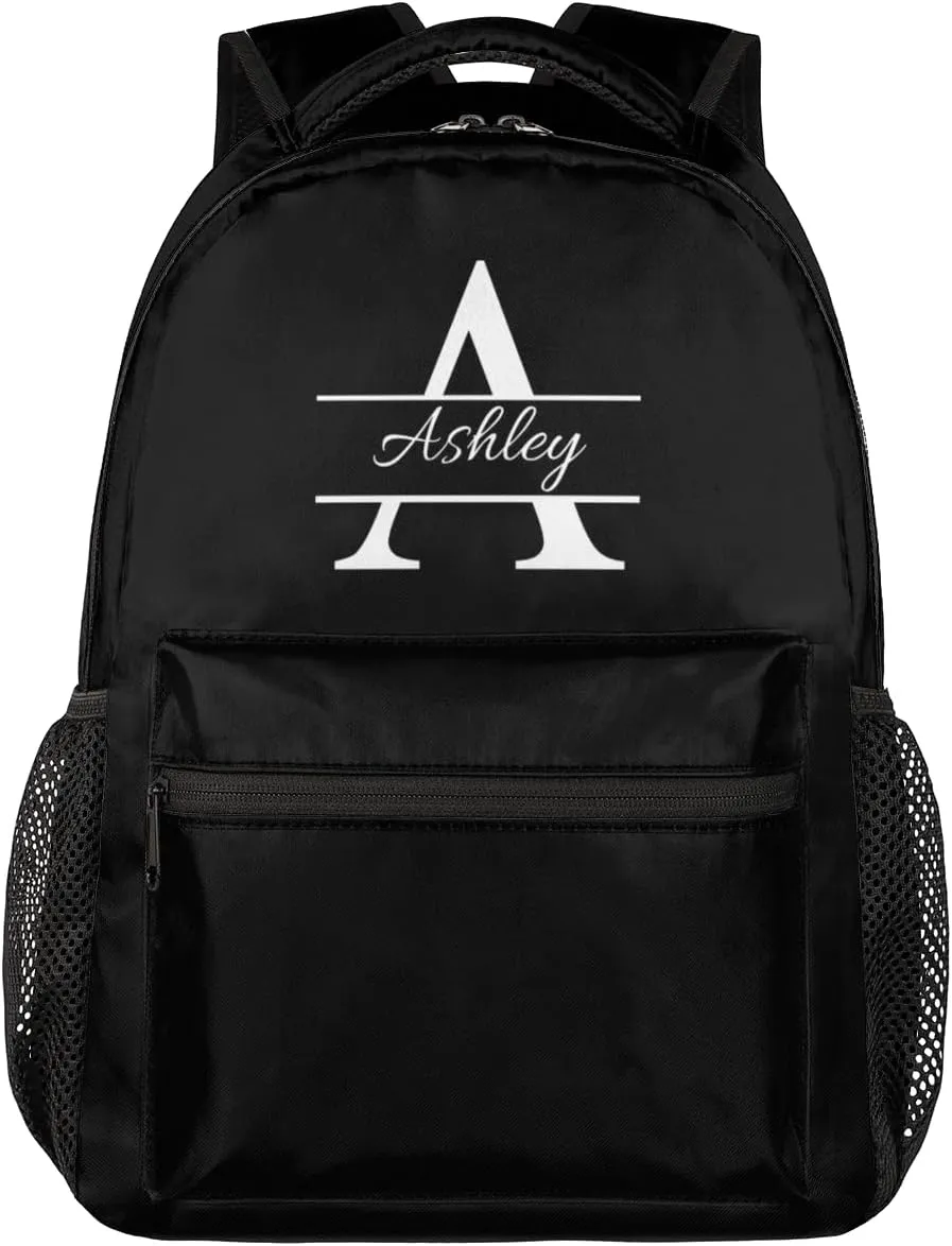 Personalized Backpack with Initial & Name Customized Shoulder Bag for Women Waterproof Travel Casual Daypack Gifts 16in, Pure Black
