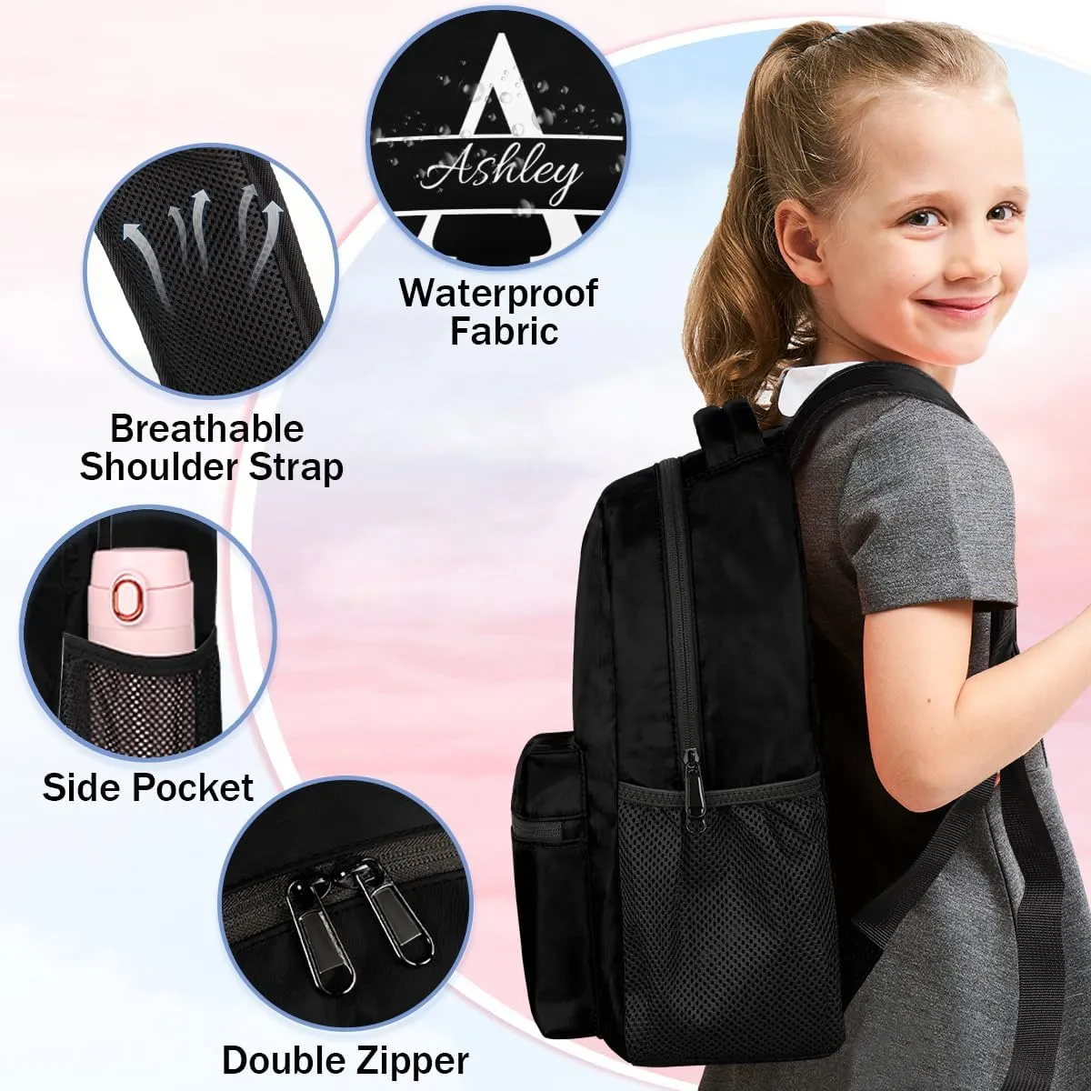 Personalized Backpack with Initial & Name Customized Shoulder Bag for Women Waterproof Travel Casual Daypack Gifts 16in, Pure Black