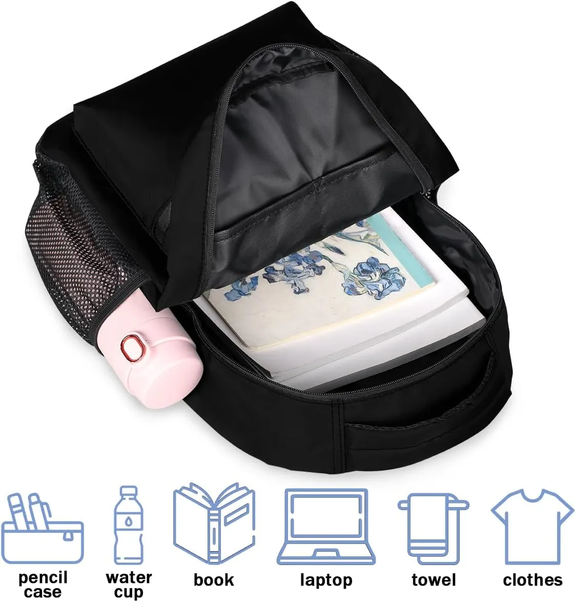 Personalized Backpack with Initial & Name Customized Shoulder Bag for Women Waterproof Travel Casual Daypack Gifts 16in, Pure Black