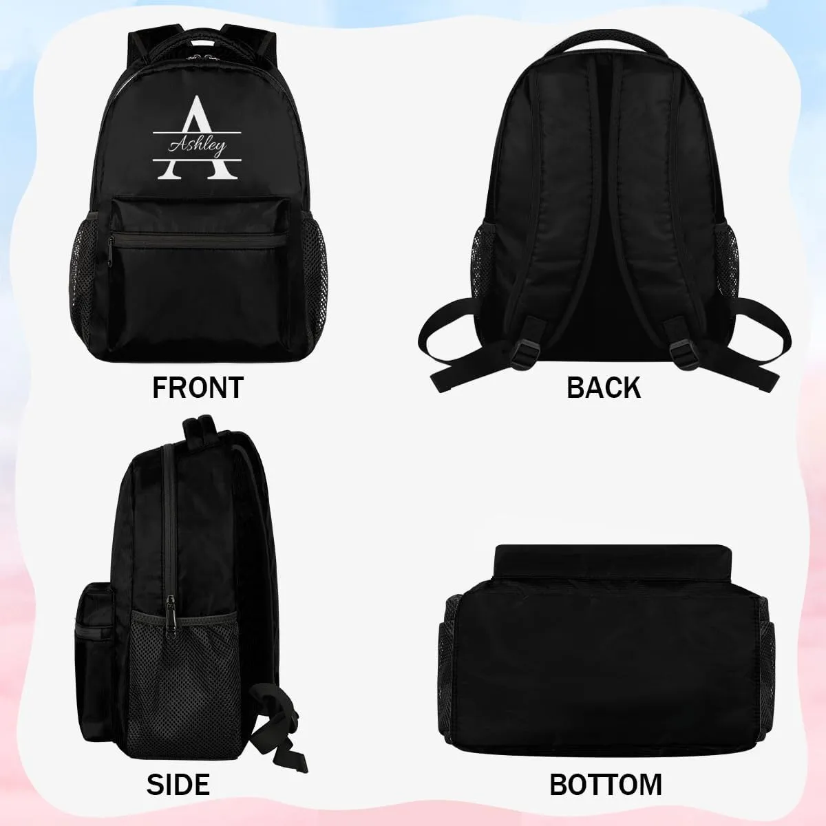 Personalized Backpack with Initial & Name Customized Shoulder Bag for Women Waterproof Travel Casual Daypack Gifts 16in, Pure Black