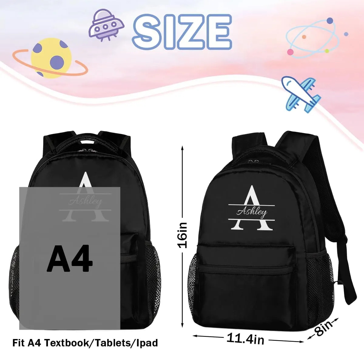 Personalized Backpack with Initial & Name Customized Shoulder Bag for Women Waterproof Travel Casual Daypack Gifts 16in, Pure Black
