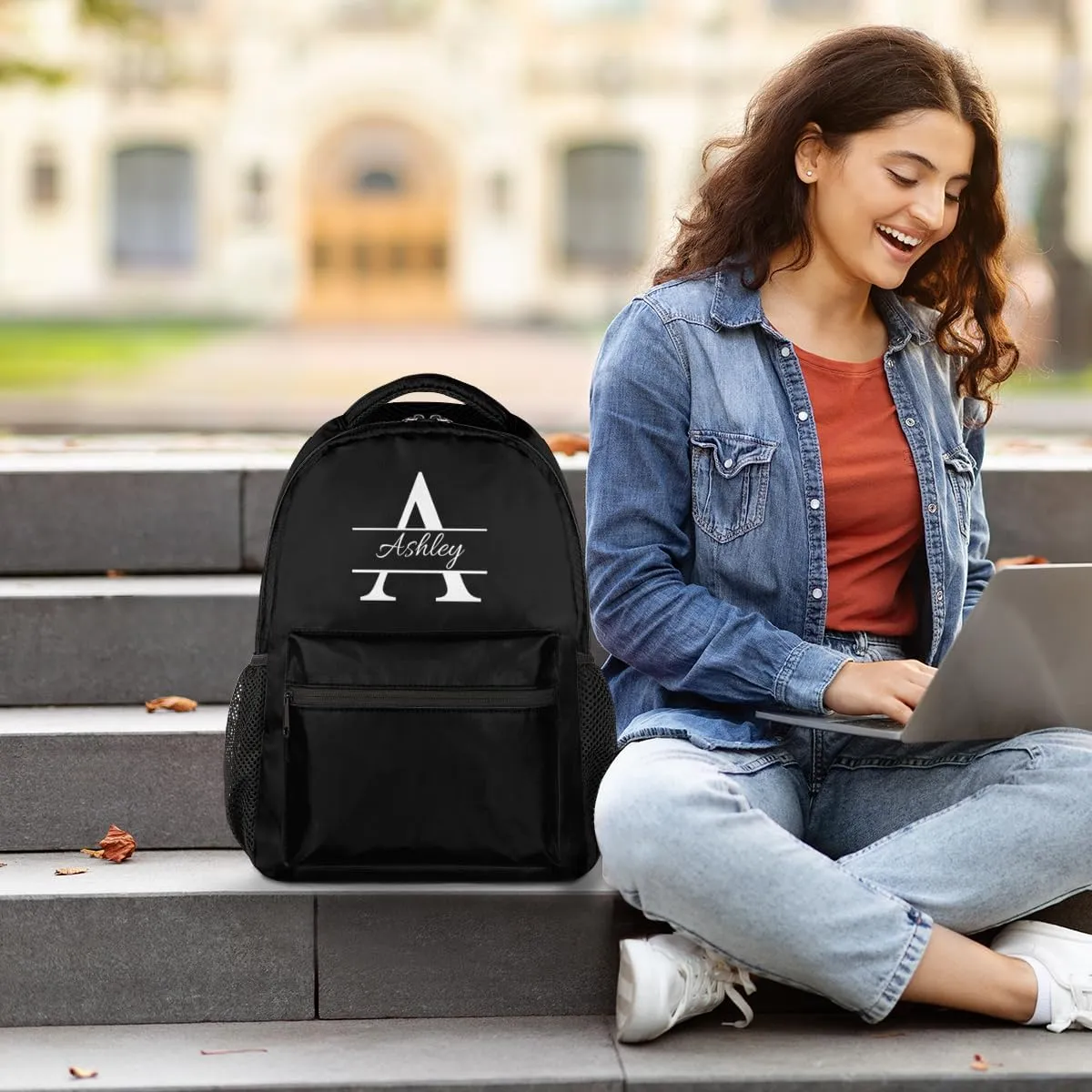 Personalized Backpack with Initial & Name Customized Shoulder Bag for Women Waterproof Travel Casual Daypack Gifts 16in, Pure Black