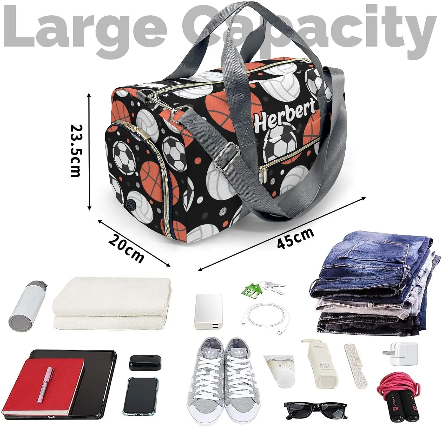 Personalized Balls and Dots Sport Custom Multi-functional Travel Bag, Unisex Portable Duffel Bag, Short Distance Travel Assistant