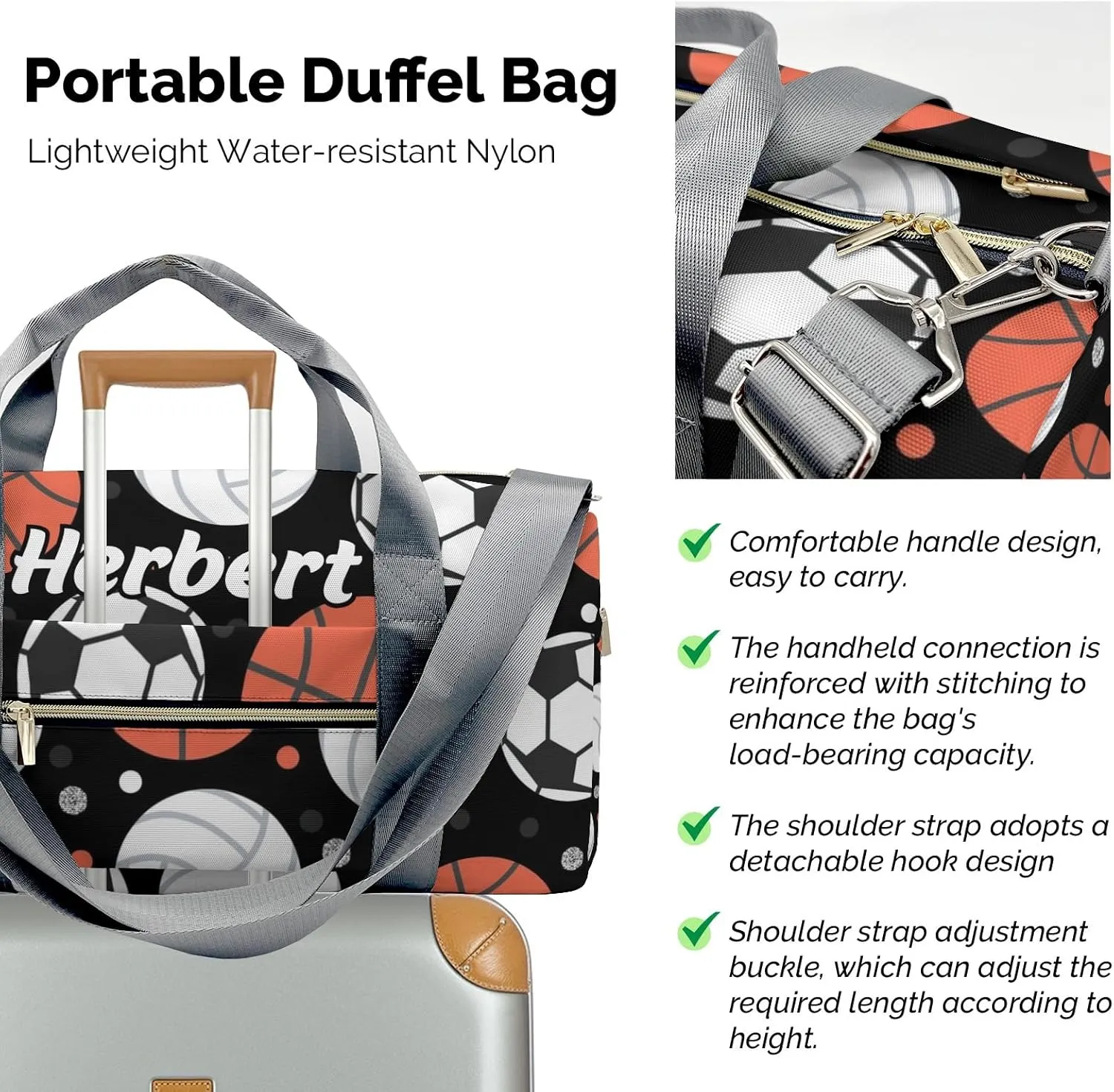 Personalized Balls and Dots Sport Custom Multi-functional Travel Bag, Unisex Portable Duffel Bag, Short Distance Travel Assistant