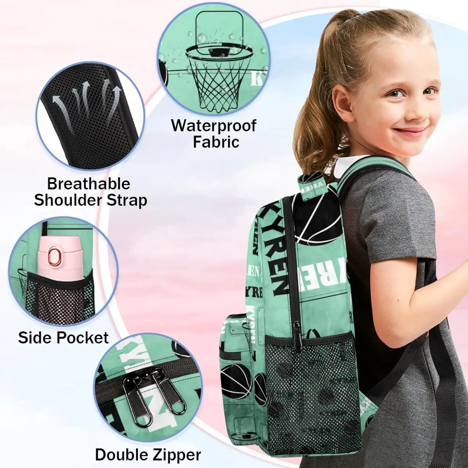 Personalized Basketball Backpack for Men Women, Custom Name Laptop Backpack, Customized Sports Bag Lightweight Daypack for Travel Camping, Light Green