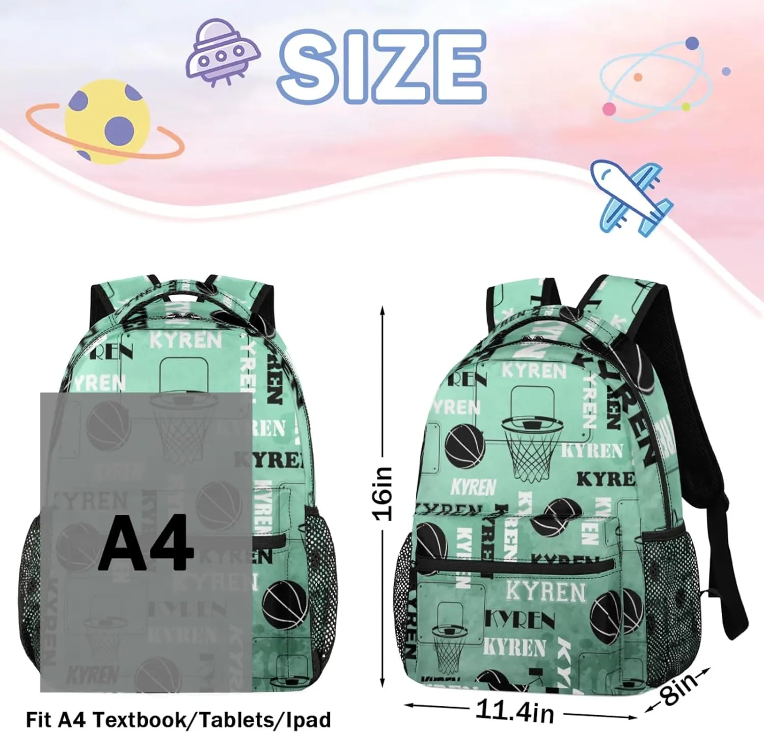 Personalized Basketball Backpack for Men Women, Custom Name Laptop Backpack, Customized Sports Bag Lightweight Daypack for Travel Camping, Light Green