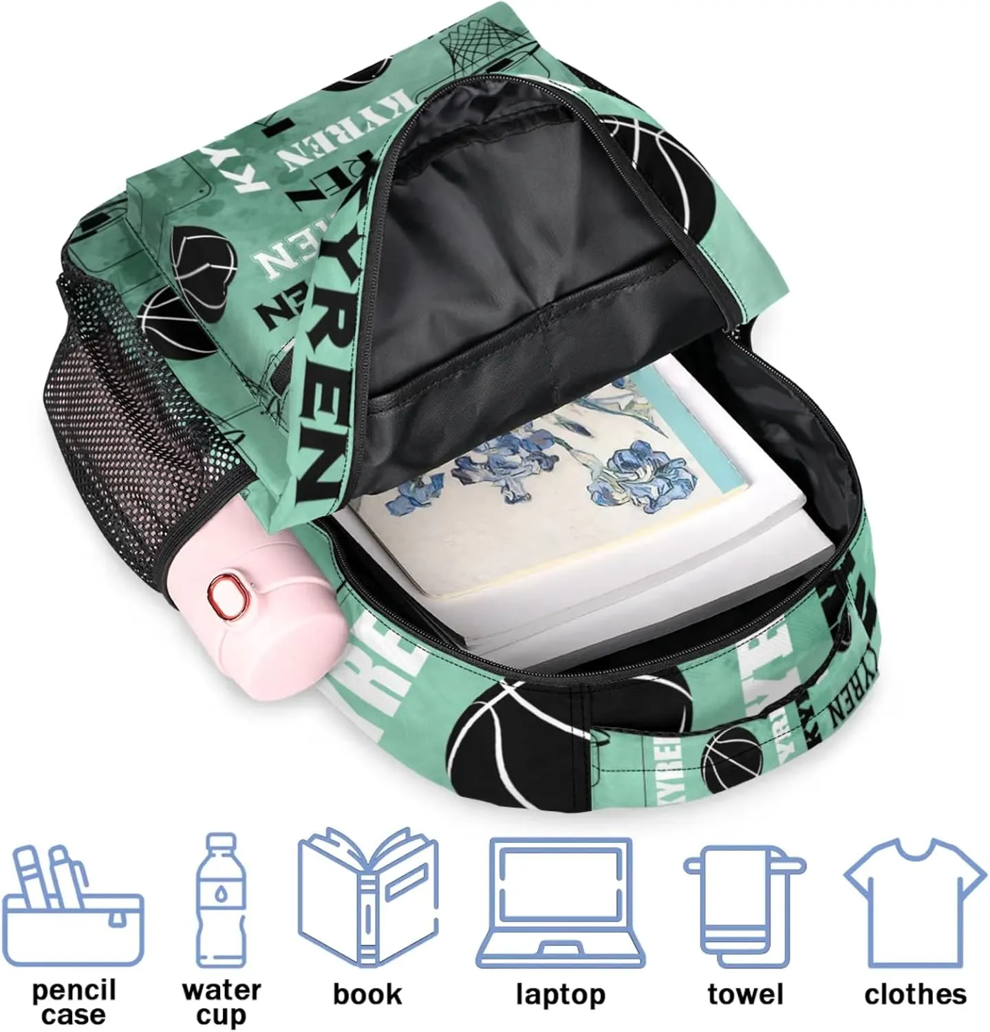 Personalized Basketball Backpack for Men Women, Custom Name Laptop Backpack, Customized Sports Bag Lightweight Daypack for Travel Camping, Light Green
