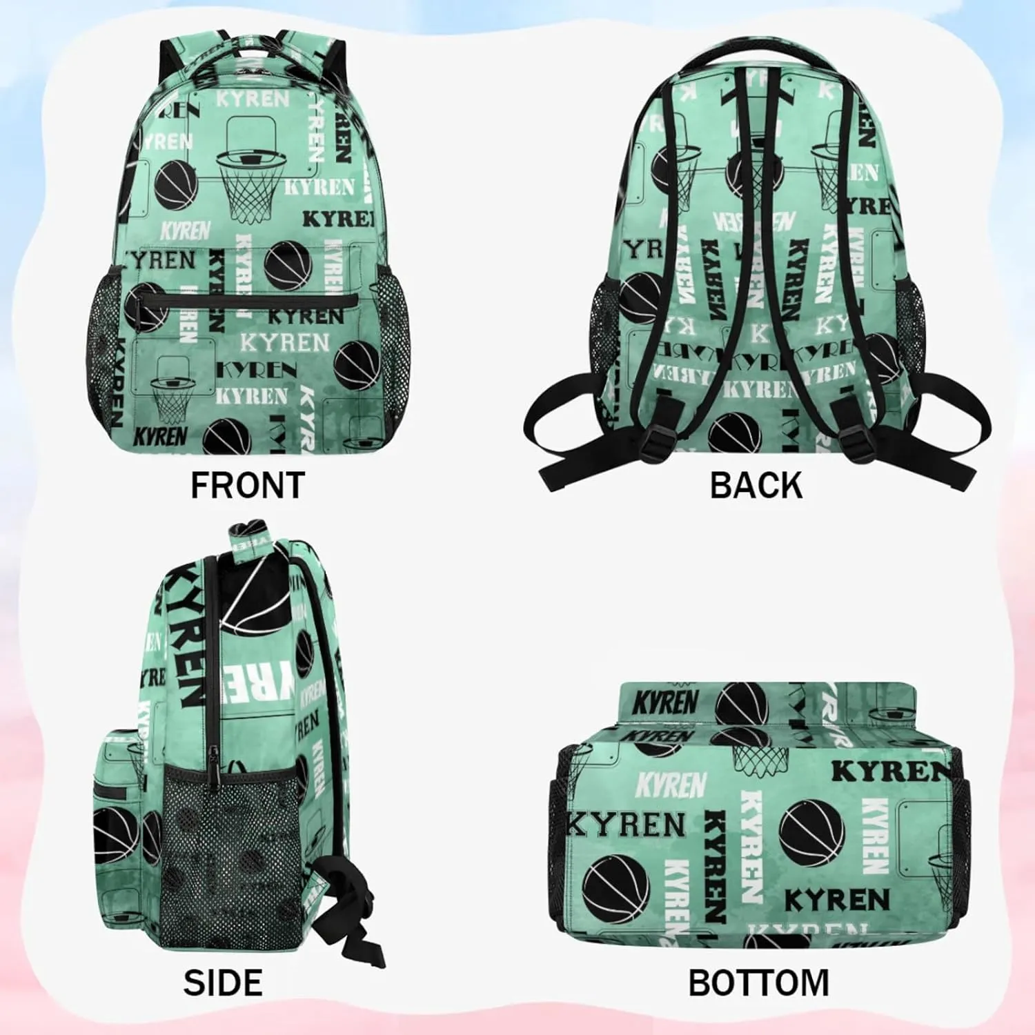 Personalized Basketball Backpack for Men Women, Custom Name Laptop Backpack, Customized Sports Bag Lightweight Daypack for Travel Camping, Light Green