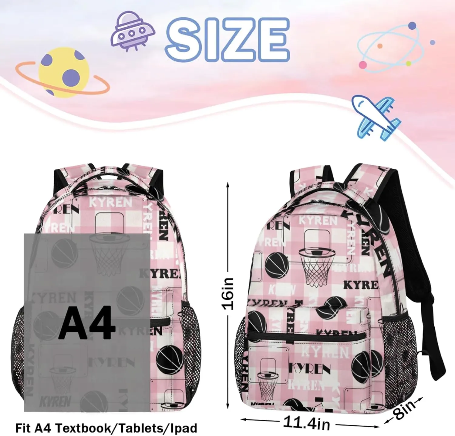 Personalized Basketball Backpack for Men Women, Custom Name Laptop Backpack, Sports Bag Lightweight Daypack for Travel Camping, Checked Pinks
