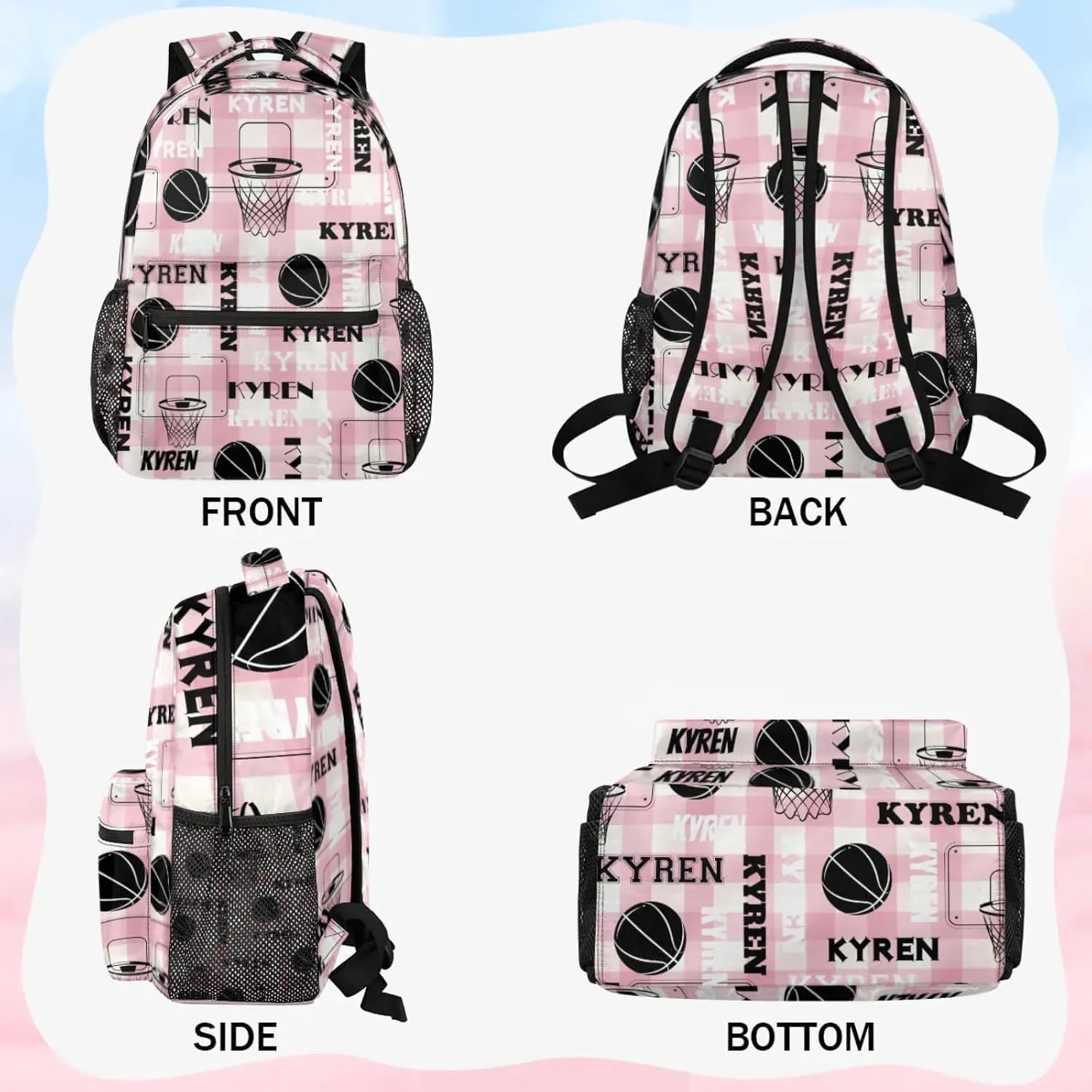 Personalized Basketball Backpack for Men Women, Custom Name Laptop Backpack, Sports Bag Lightweight Daypack for Travel Camping, Checked Pinks