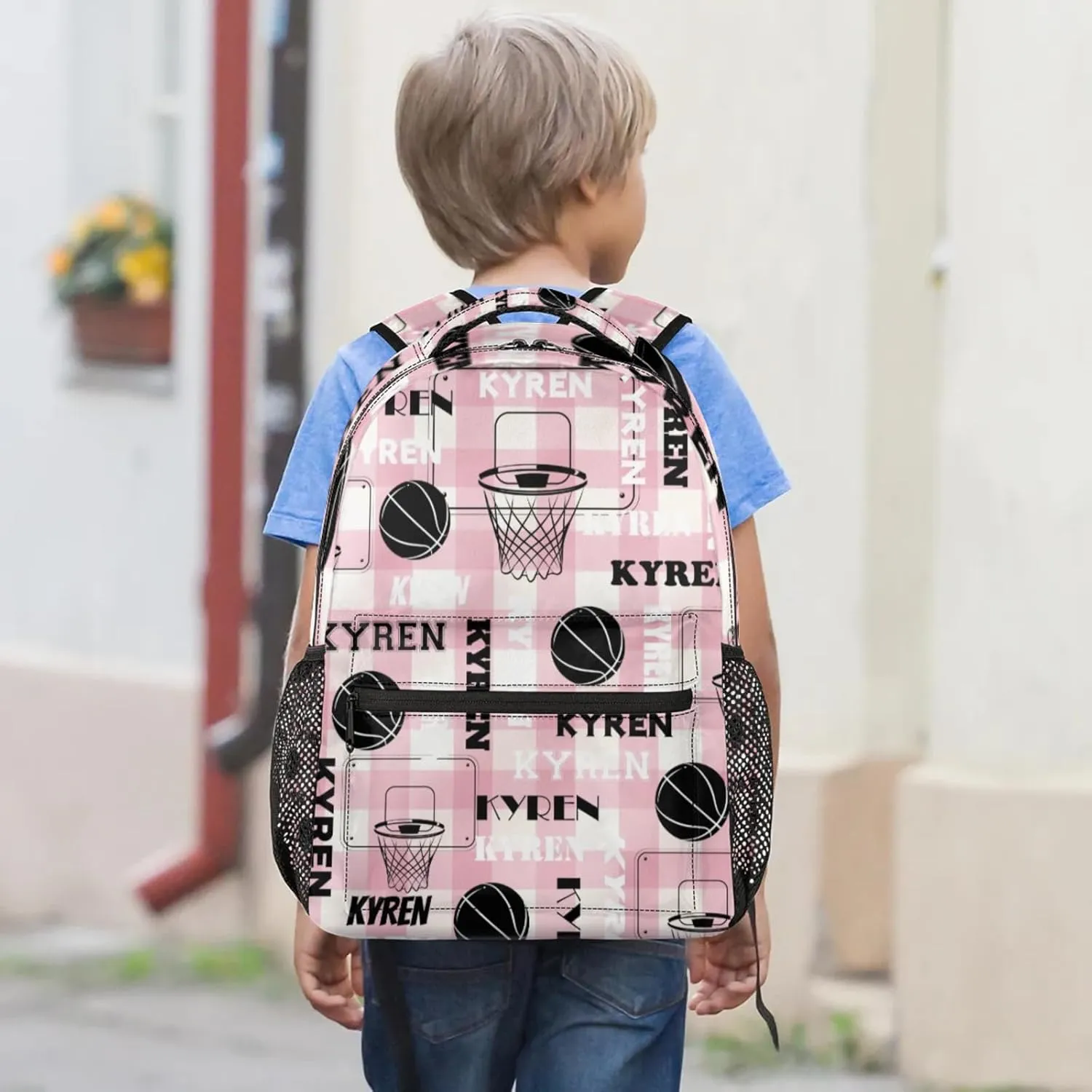 Personalized Basketball Backpack for Men Women, Custom Name Laptop Backpack, Sports Bag Lightweight Daypack for Travel Camping, Checked Pinks