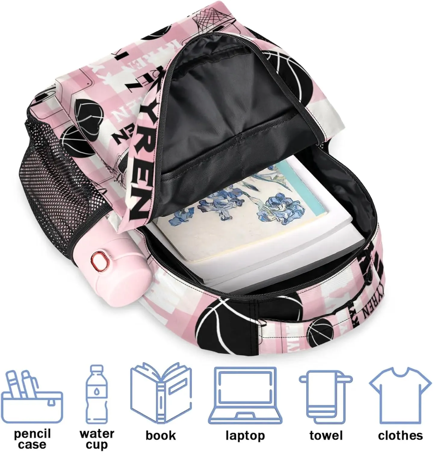 Personalized Basketball Backpack for Men Women, Custom Name Laptop Backpack, Sports Bag Lightweight Daypack for Travel Camping, Checked Pinks