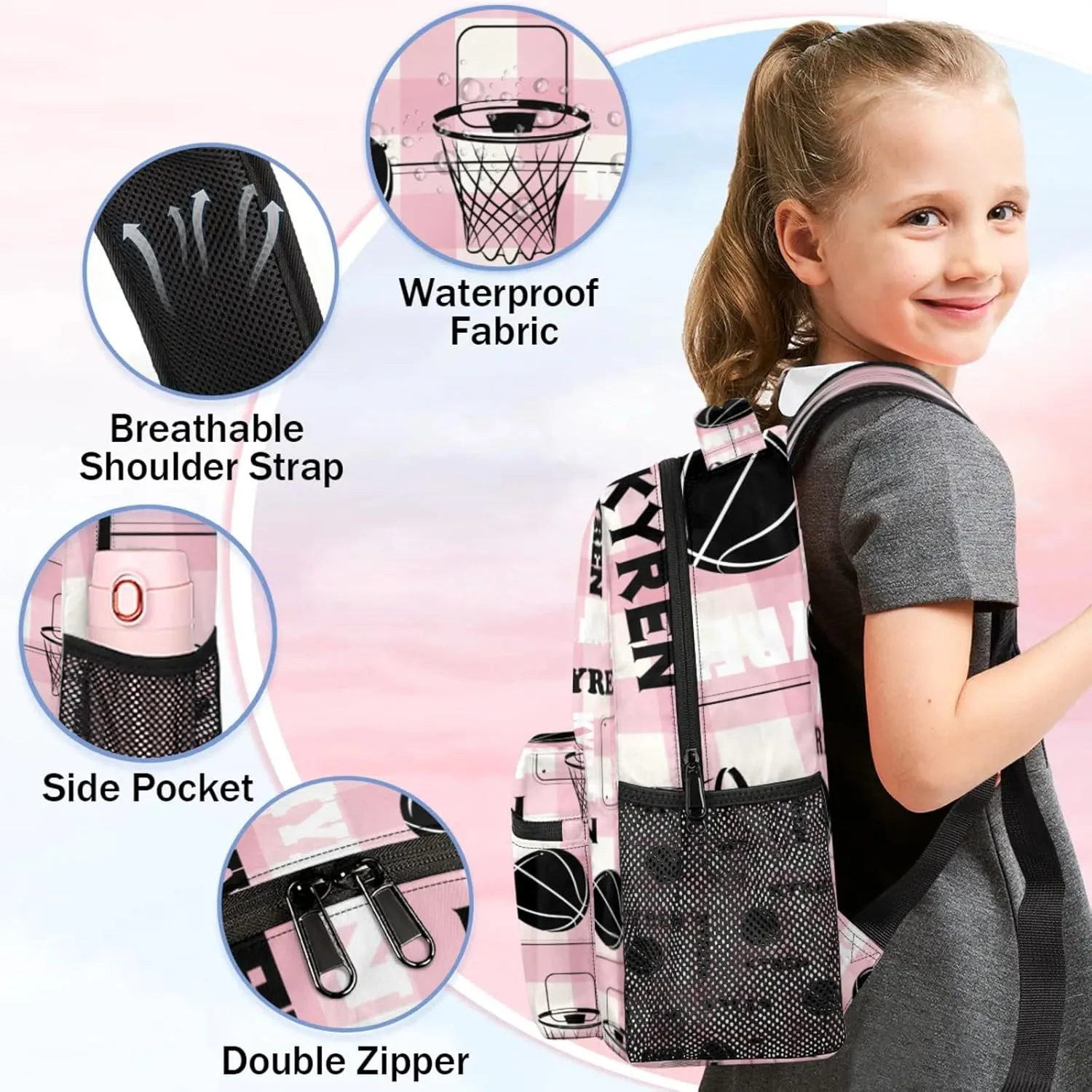 Personalized Basketball Backpack for Men Women, Custom Name Laptop Backpack, Sports Bag Lightweight Daypack for Travel Camping, Checked Pinks