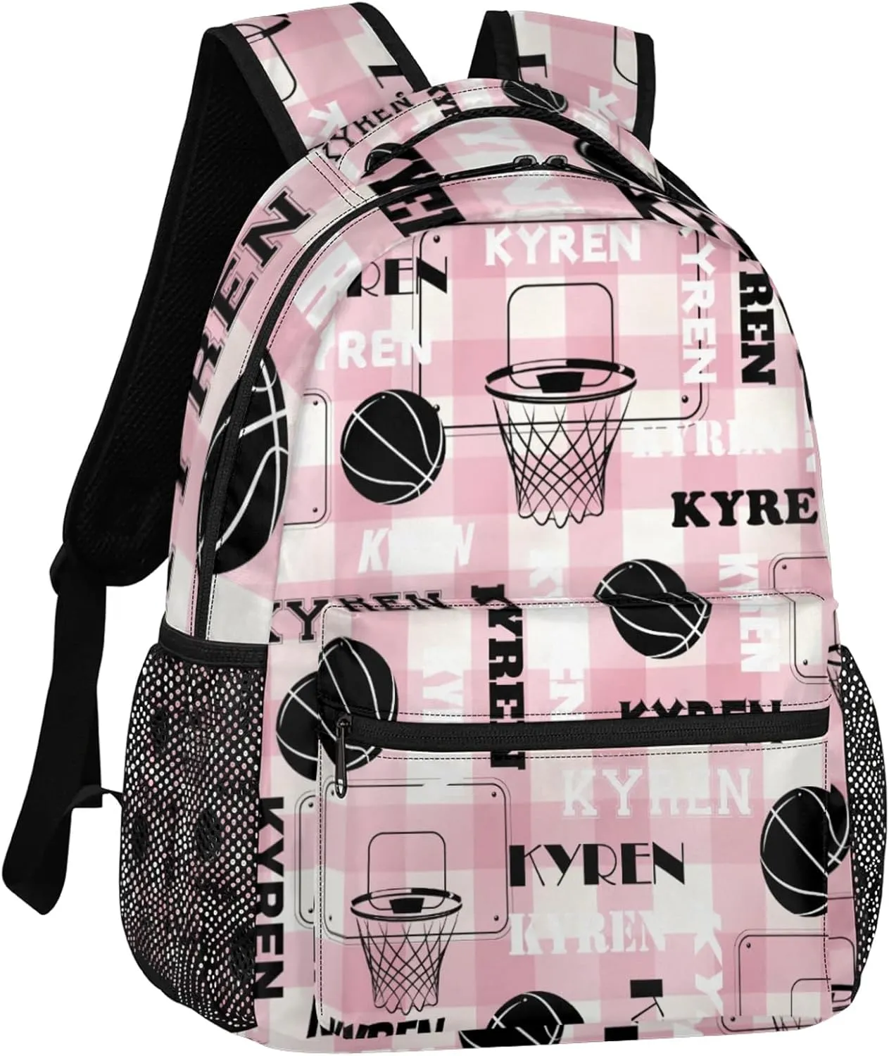 Personalized Basketball Backpack for Men Women, Custom Name Laptop Backpack, Sports Bag Lightweight Daypack for Travel Camping, Checked Pinks