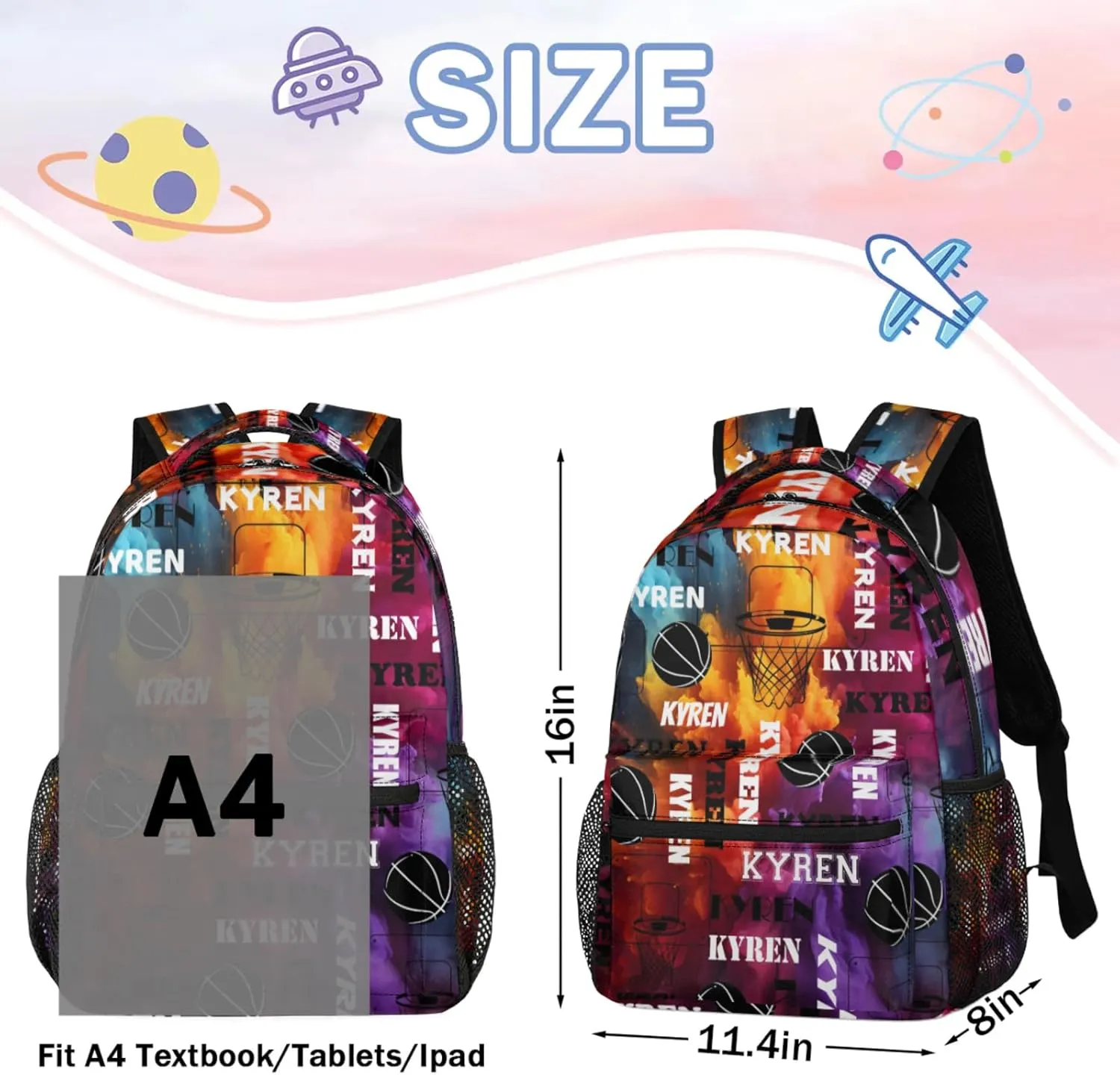 Personalized Basketball Backpack for Men Women, Custom Name Laptop Backpack, Sports Bag Lightweight Daypack for Travel Camping, Colorful Print