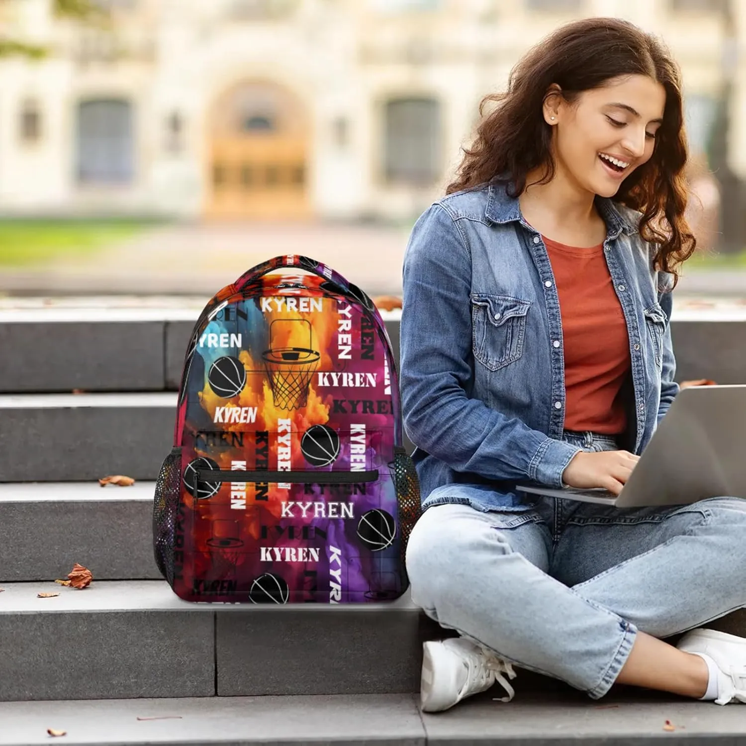 Personalized Basketball Backpack for Men Women, Custom Name Laptop Backpack, Sports Bag Lightweight Daypack for Travel Camping, Colorful Print