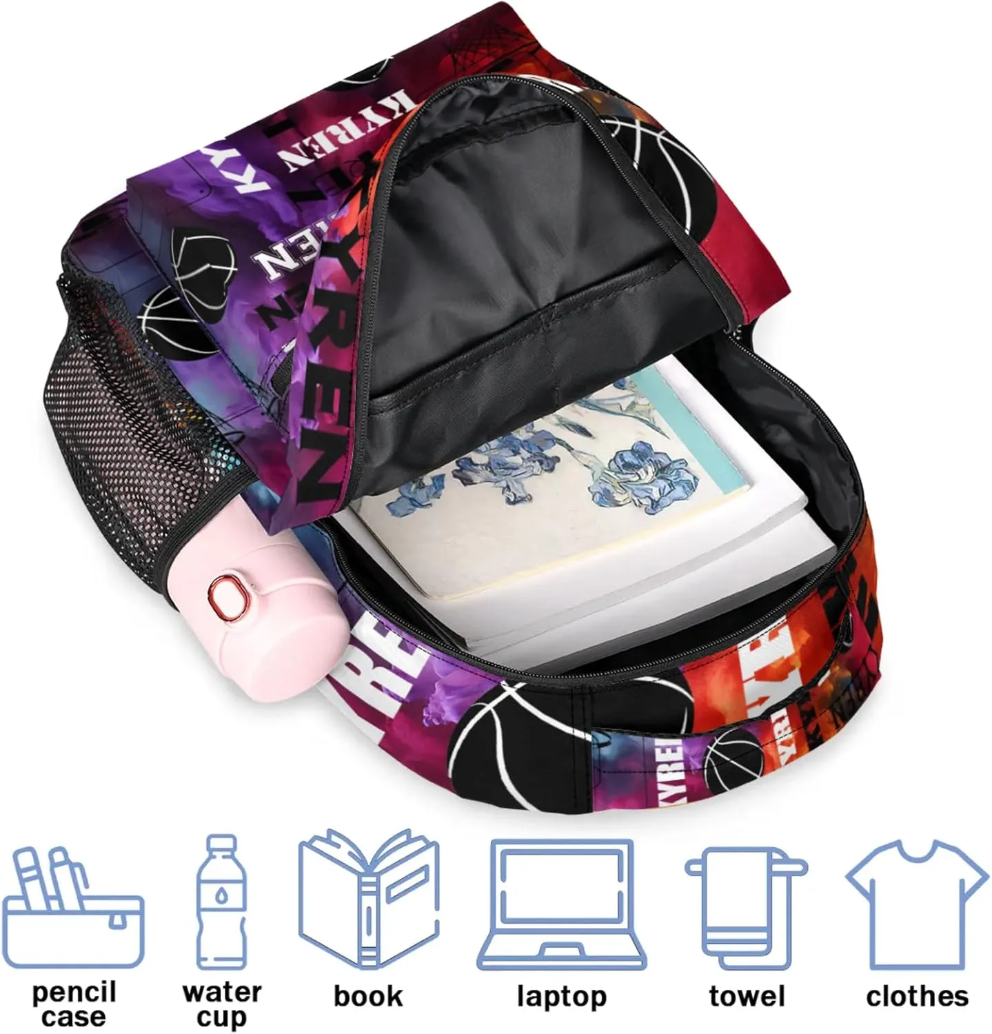 Personalized Basketball Backpack for Men Women, Custom Name Laptop Backpack, Sports Bag Lightweight Daypack for Travel Camping, Colorful Print