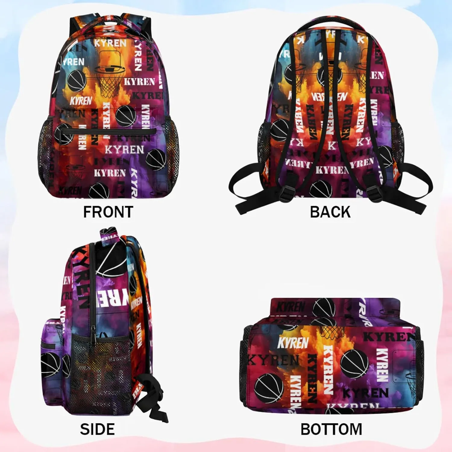 Personalized Basketball Backpack for Men Women, Custom Name Laptop Backpack, Sports Bag Lightweight Daypack for Travel Camping, Colorful Print