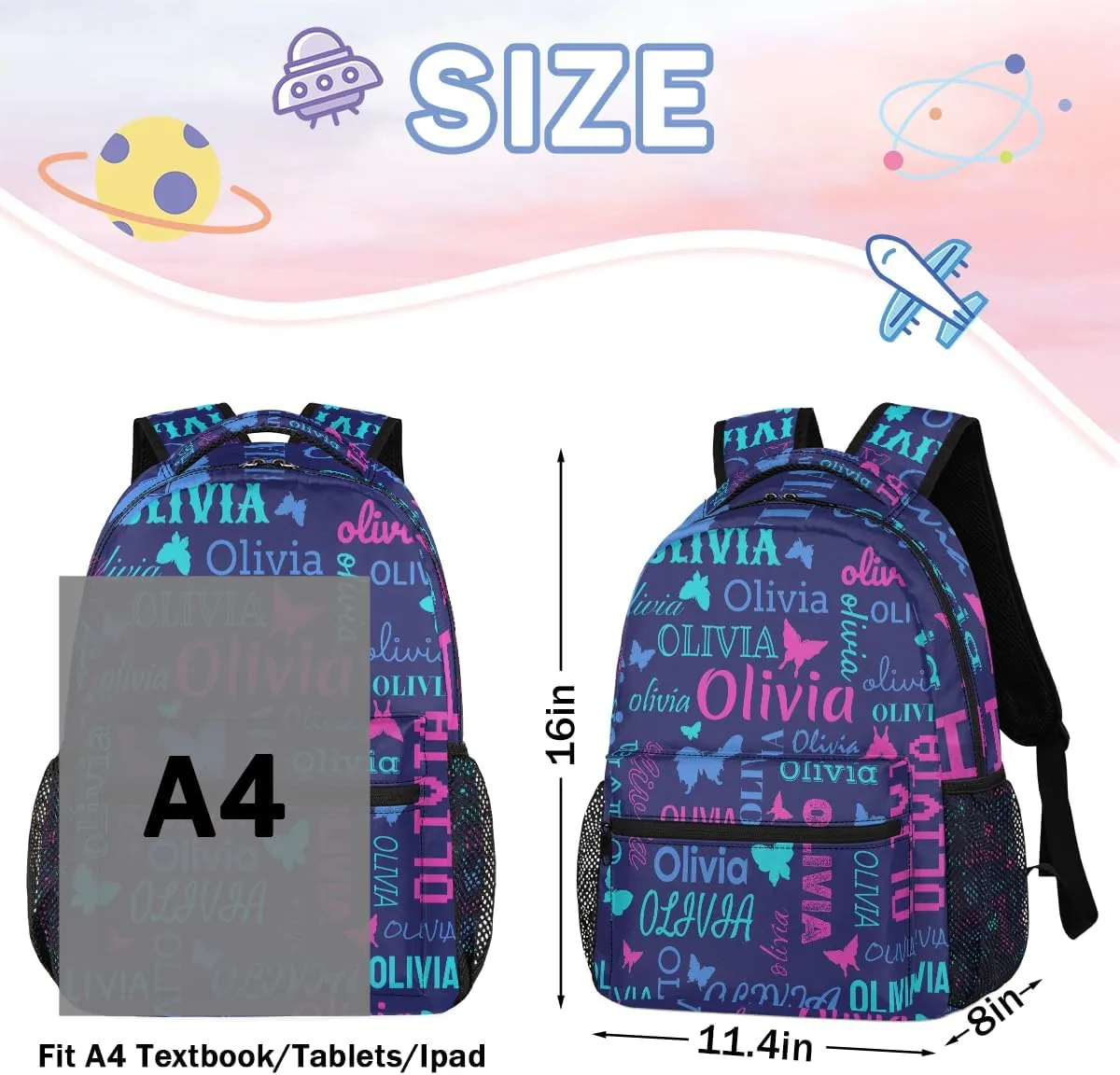 Personalized Butterfly Backpack with Name Custom Shoulder Bags for Women Men Waterproof Travel Casual Daypack Laptop Bag Gifts 16in, Dark Blue