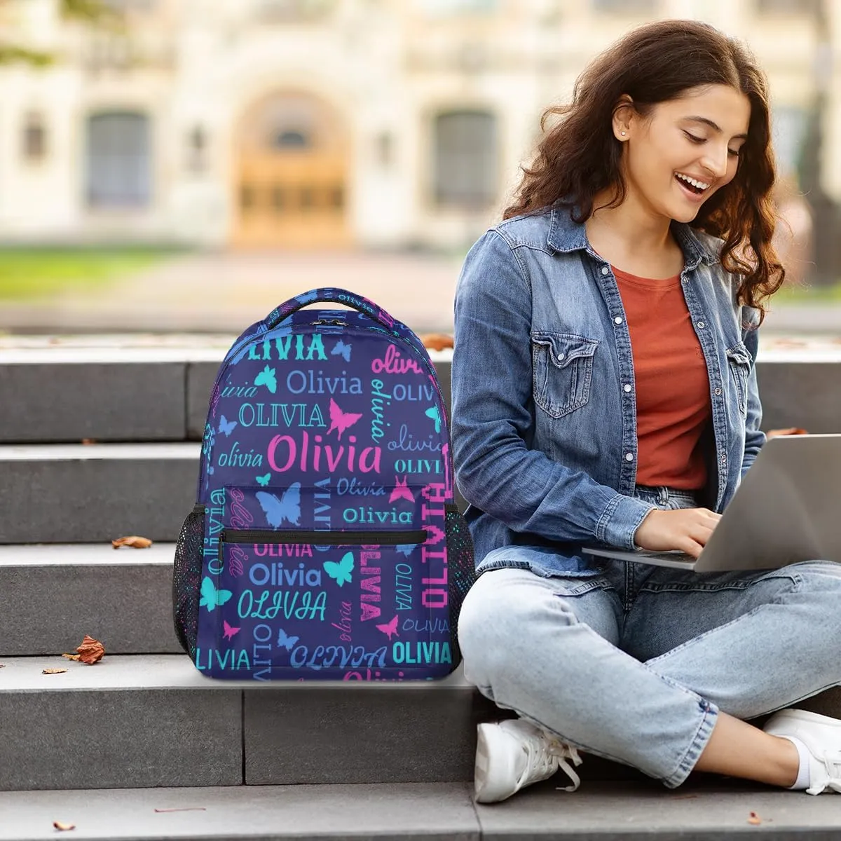 Personalized Butterfly Backpack with Name Custom Shoulder Bags for Women Men Waterproof Travel Casual Daypack Laptop Bag Gifts 16in, Dark Blue