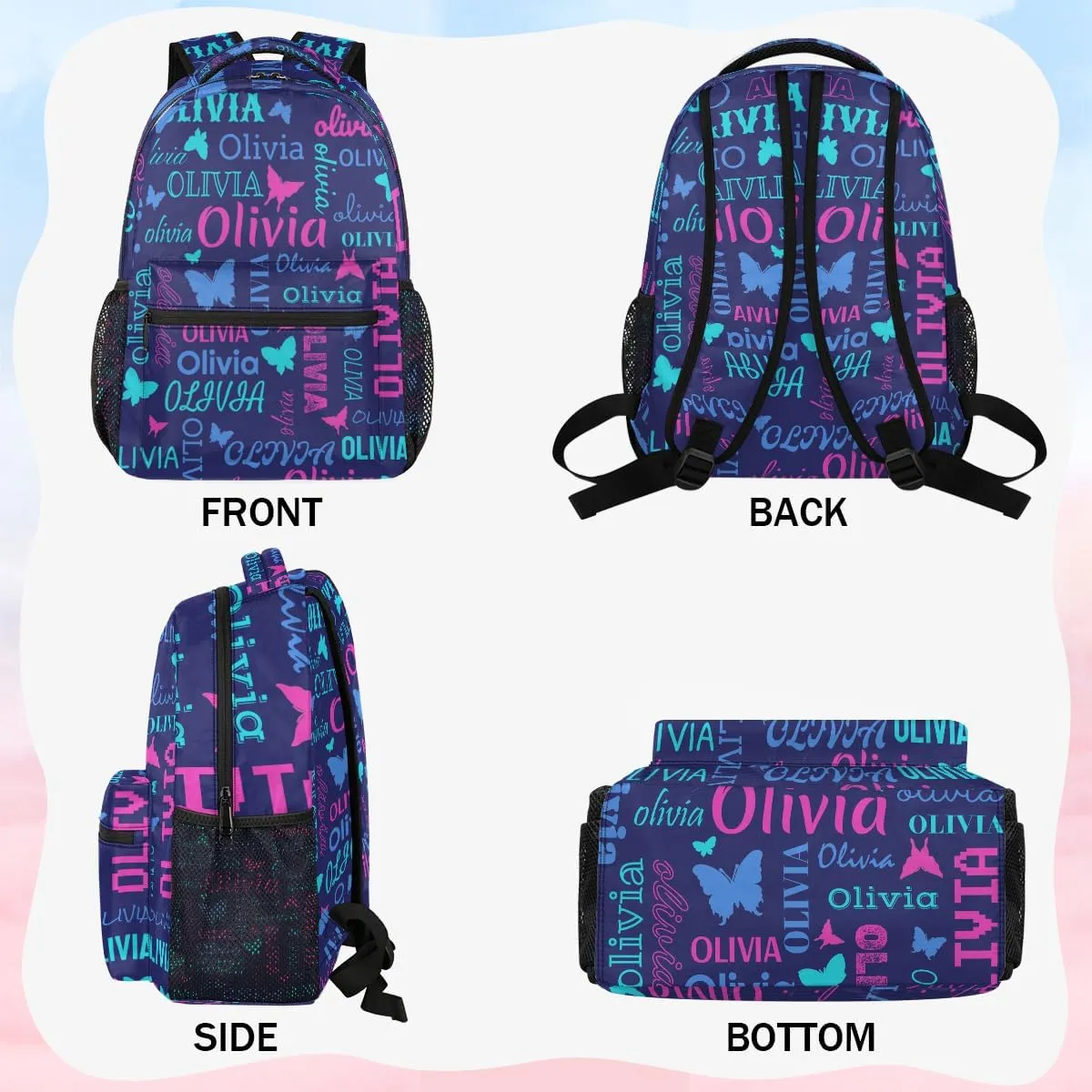 Personalized Butterfly Backpack with Name Custom Shoulder Bags for Women Men Waterproof Travel Casual Daypack Laptop Bag Gifts 16in, Dark Blue