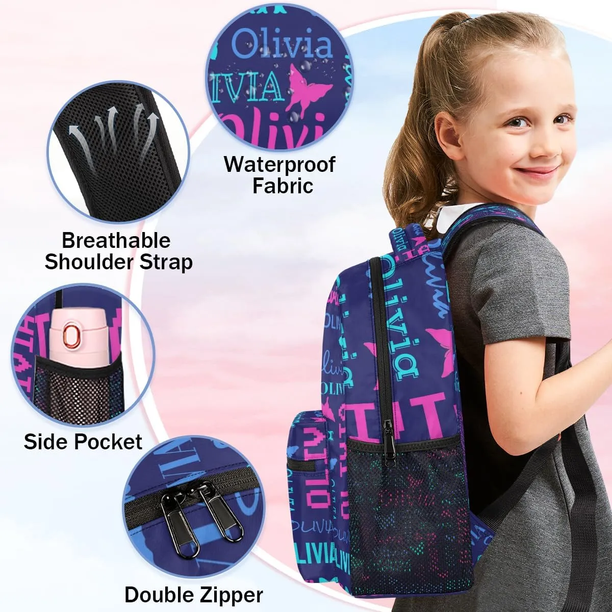 Personalized Butterfly Backpack with Name Custom Shoulder Bags for Women Men Waterproof Travel Casual Daypack Laptop Bag Gifts 16in, Dark Blue