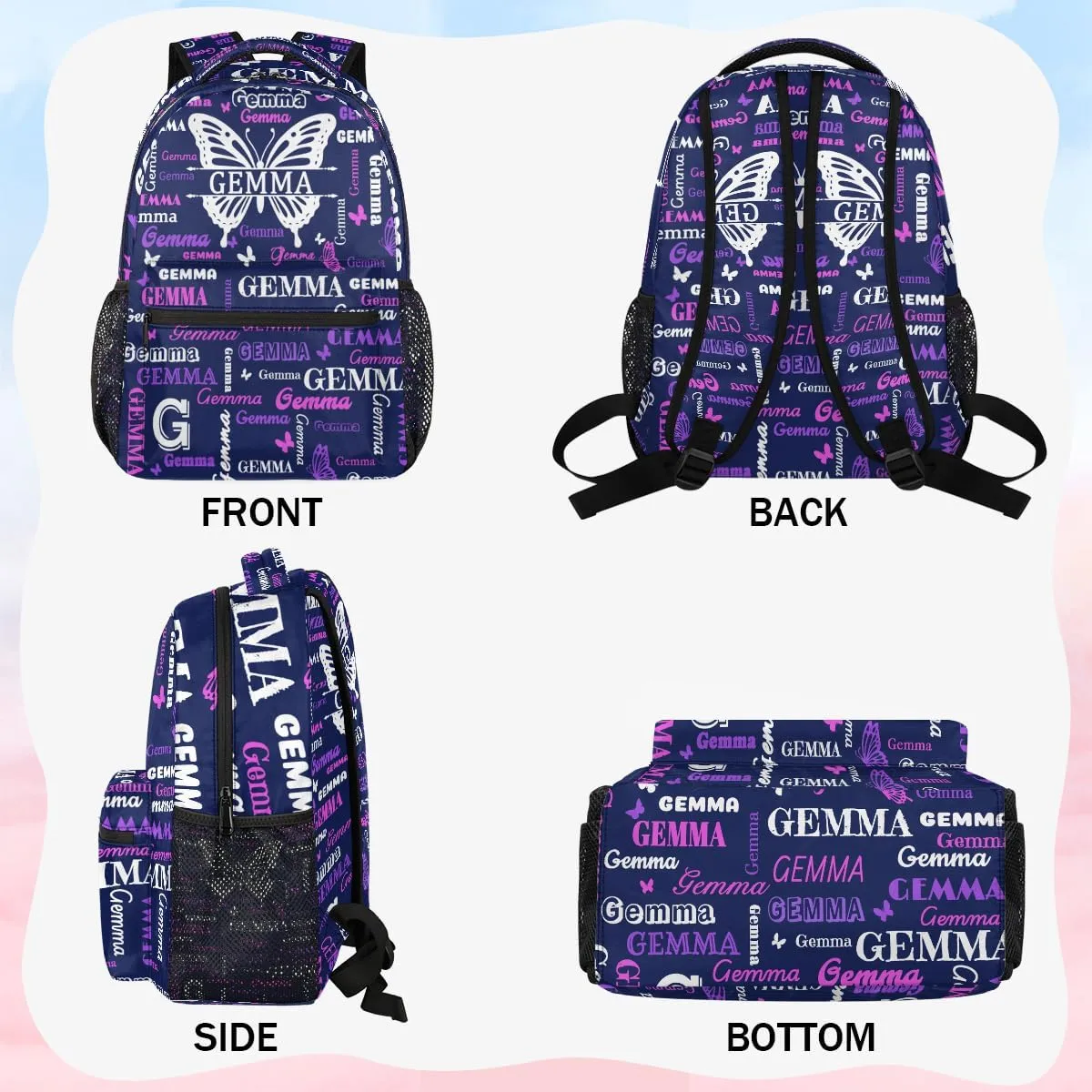 Personalized Butterfly Backpack with Name Large Customized Shoulder Bag Gifts for Women Men Waterproof Casual Daypack Laptop Bag 16in, Dark Blue
