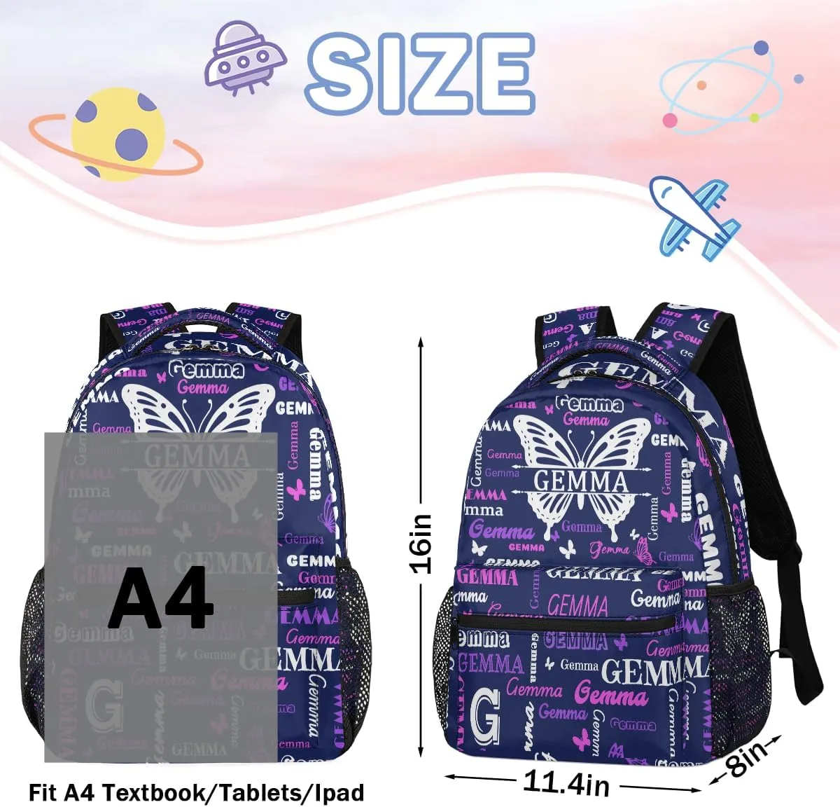 Personalized Butterfly Backpack with Name Large Customized Shoulder Bag Gifts for Women Men Waterproof Casual Daypack Laptop Bag 16in, Dark Blue