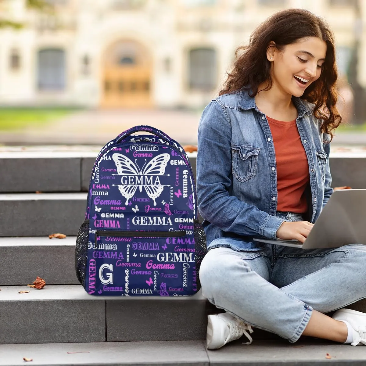 Personalized Butterfly Backpack with Name Large Customized Shoulder Bag Gifts for Women Men Waterproof Casual Daypack Laptop Bag 16in, Dark Blue