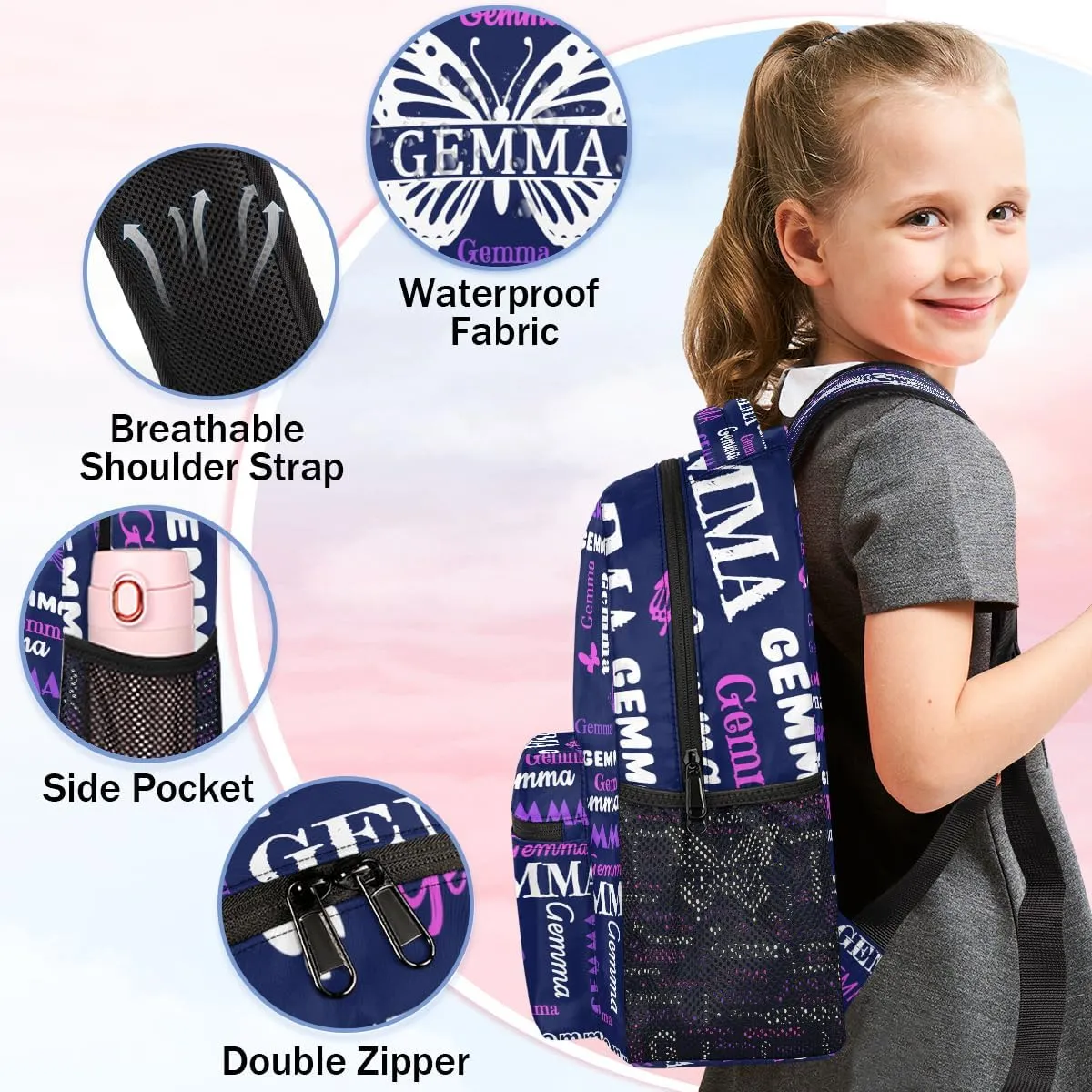 Personalized Butterfly Backpack with Name Large Customized Shoulder Bag Gifts for Women Men Waterproof Casual Daypack Laptop Bag 16in, Dark Blue