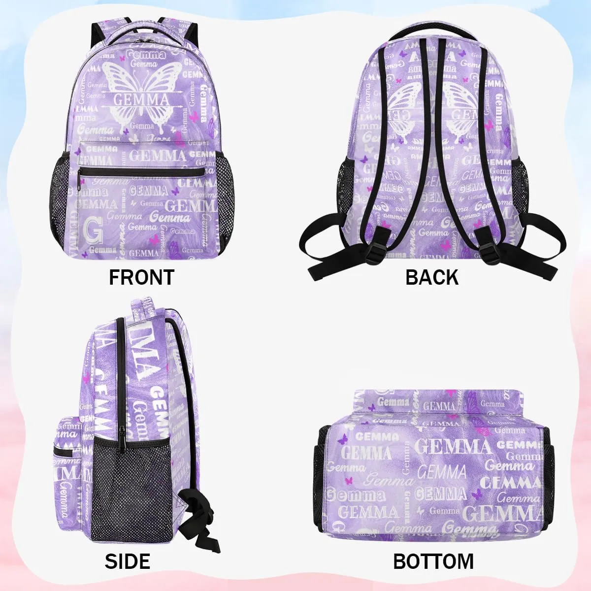 Personalized Butterfly Backpack with Name Large Customized Shoulder Bag Gifts for Women Men Waterproof Casual Daypack Laptop Bag 16in, Purple Fluid Glitter