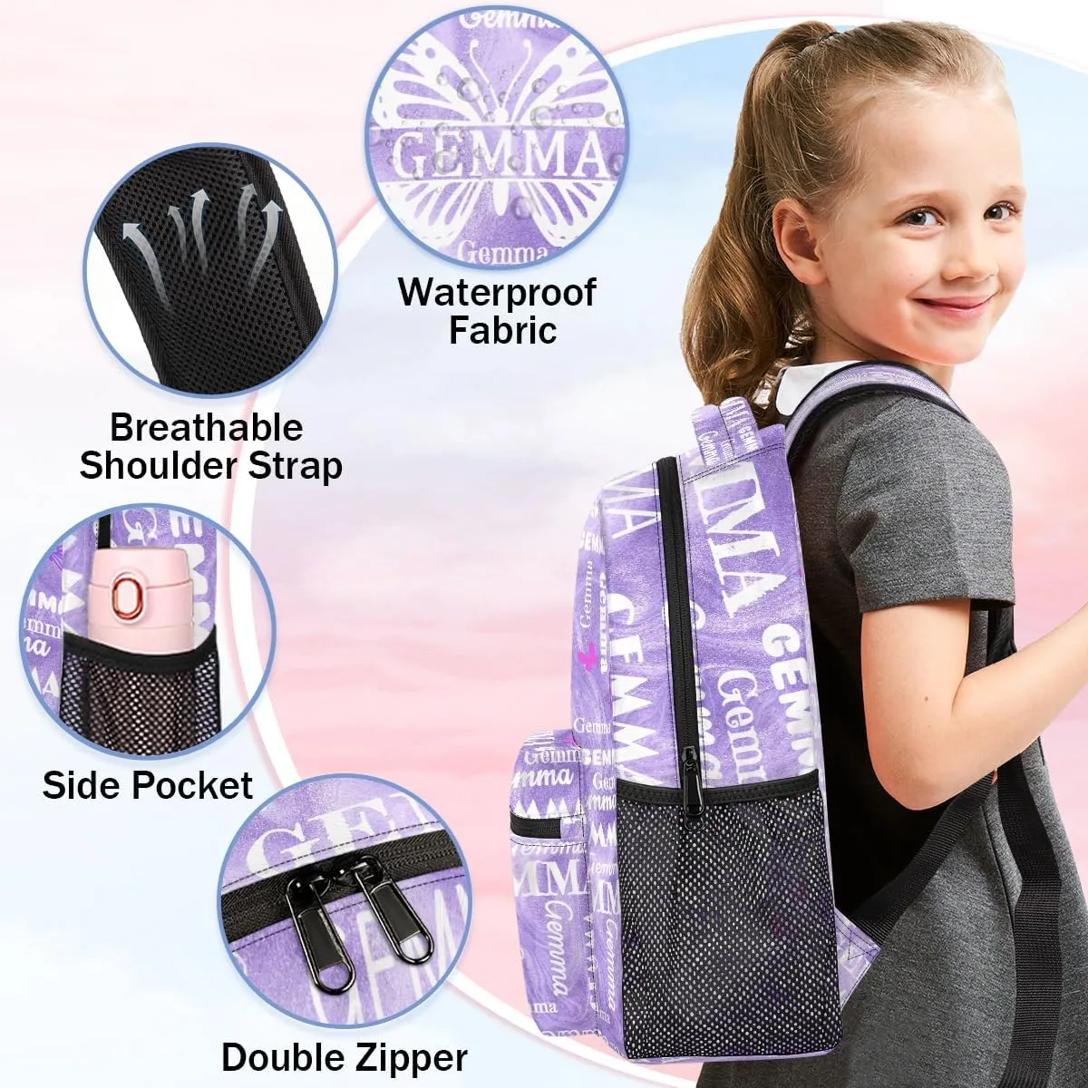 Personalized Butterfly Backpack with Name Large Customized Shoulder Bag Gifts for Women Men Waterproof Casual Daypack Laptop Bag 16in, Purple Fluid Glitter