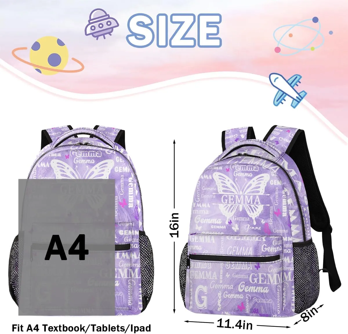 Personalized Butterfly Backpack with Name Large Customized Shoulder Bag Gifts for Women Men Waterproof Casual Daypack Laptop Bag 16in, Purple Fluid Glitter