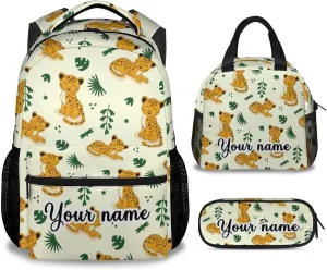 Personalized Cheetah Backpack with Lunch Box and Pencil Case for Girls Boys, 16 Inch School Bookbag with Adjustable Straps, Travel Bag Durable, Lightweight, Large Capacity