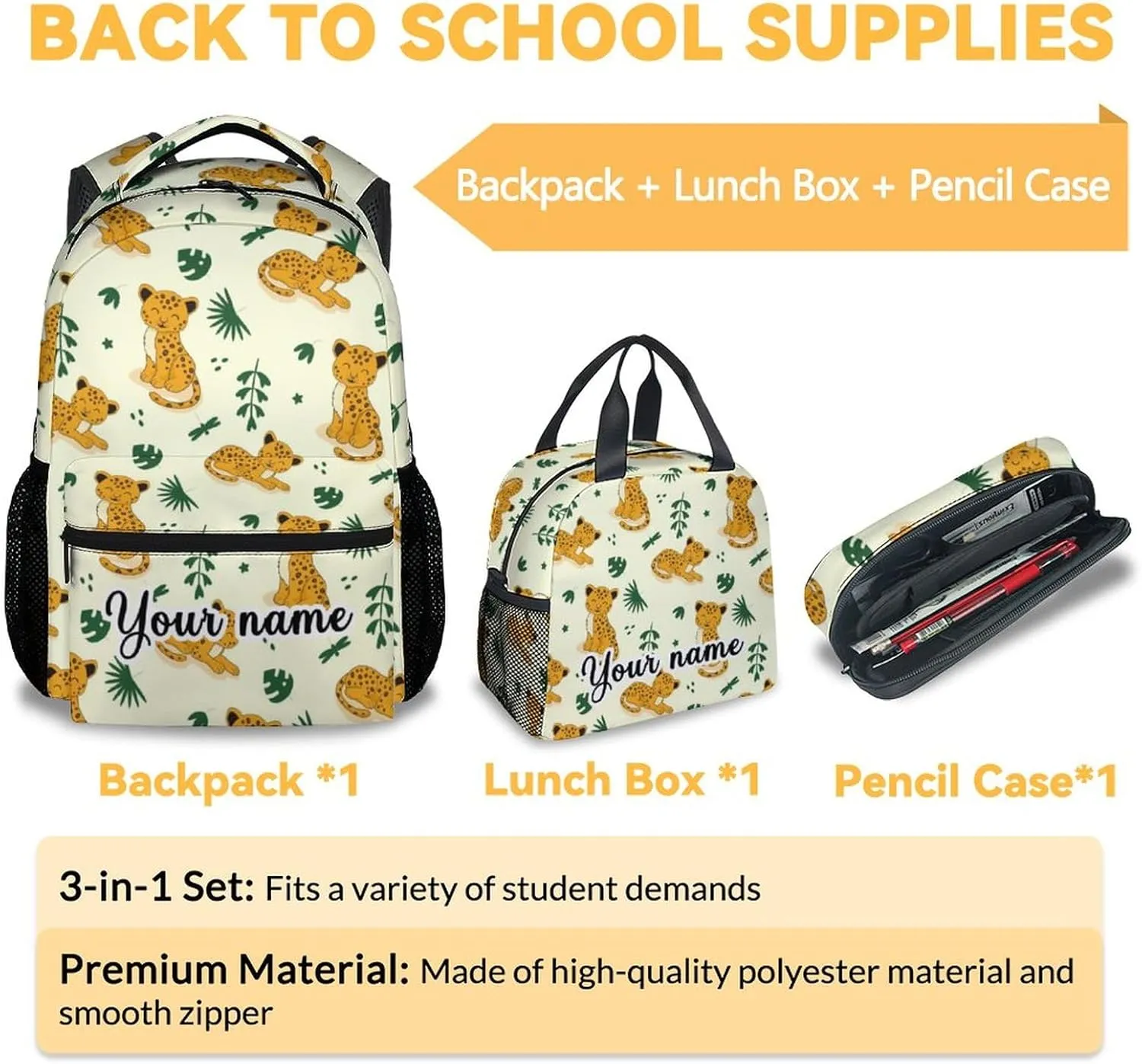 Personalized Cheetah Backpack with Lunch Box and Pencil Case for Girls Boys, 16 Inch School Bookbag with Adjustable Straps, Travel Bag Durable, Lightweight, Large Capacity