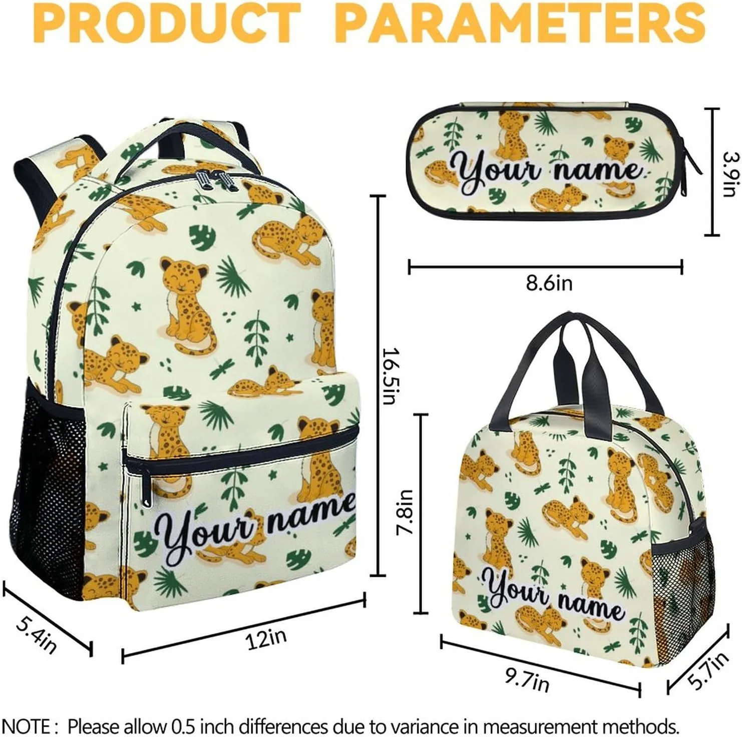 Personalized Cheetah Backpack with Lunch Box and Pencil Case for Girls Boys, 16 Inch School Bookbag with Adjustable Straps, Travel Bag Durable, Lightweight, Large Capacity