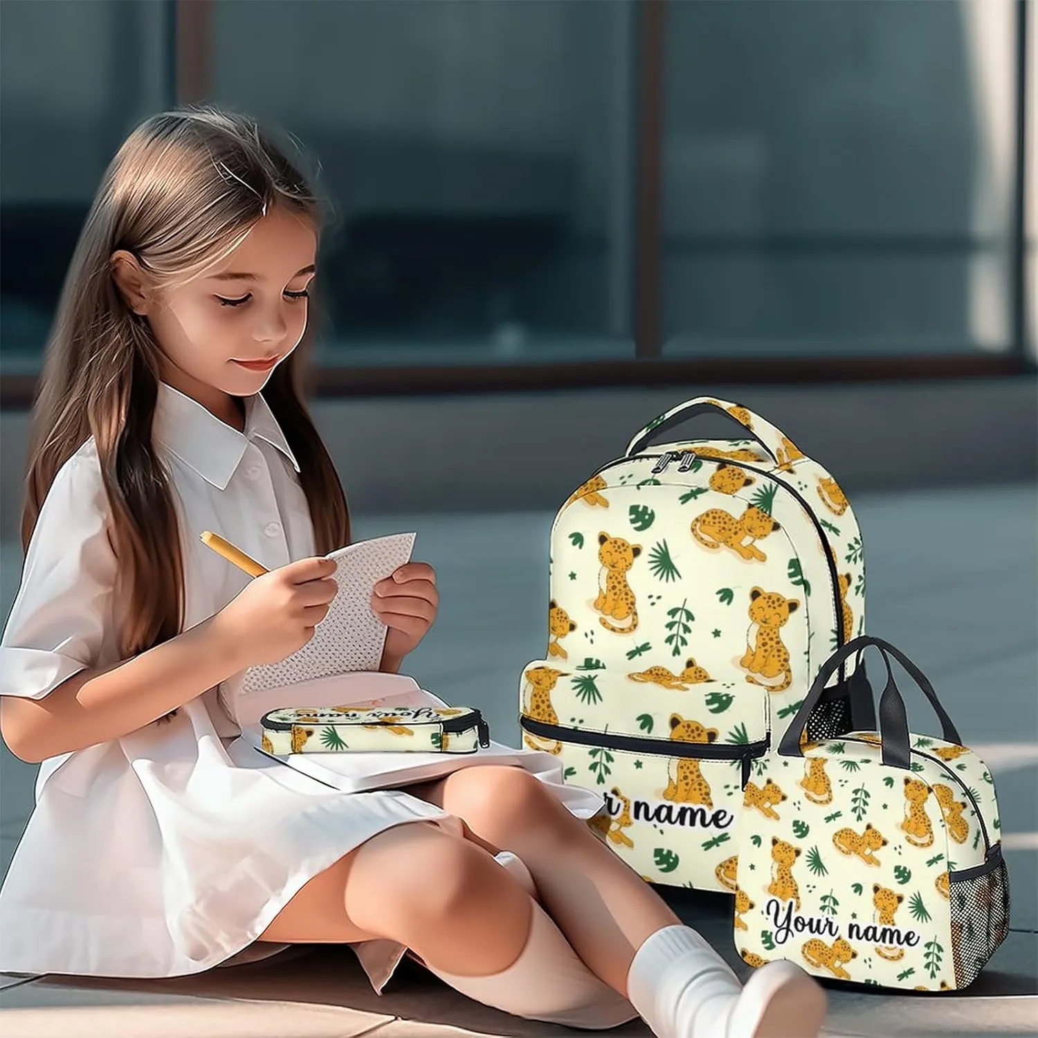 Personalized Cheetah Backpack with Lunch Box and Pencil Case for Girls Boys, 16 Inch School Bookbag with Adjustable Straps, Travel Bag Durable, Lightweight, Large Capacity