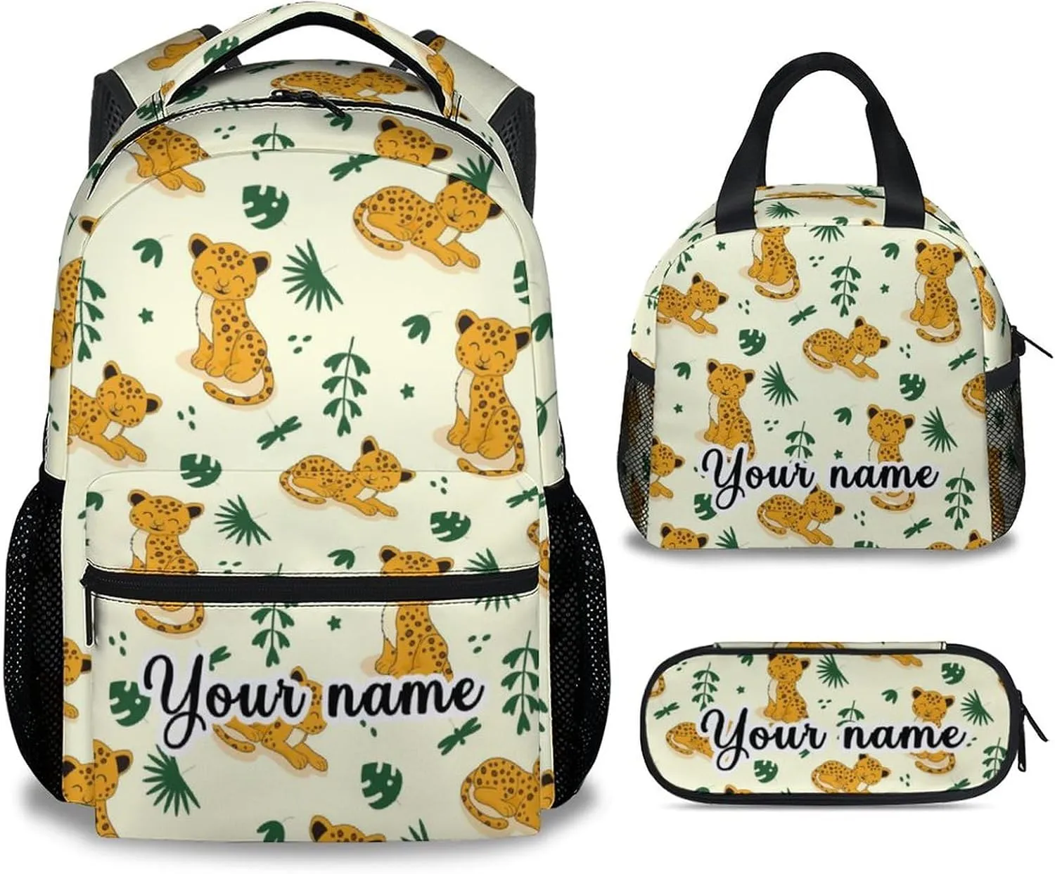 Personalized Cheetah Backpack with Lunch Box and Pencil Case for Girls Boys, 16 Inch School Bookbag with Adjustable Straps, Travel Bag Durable, Lightweight, Large Capacity