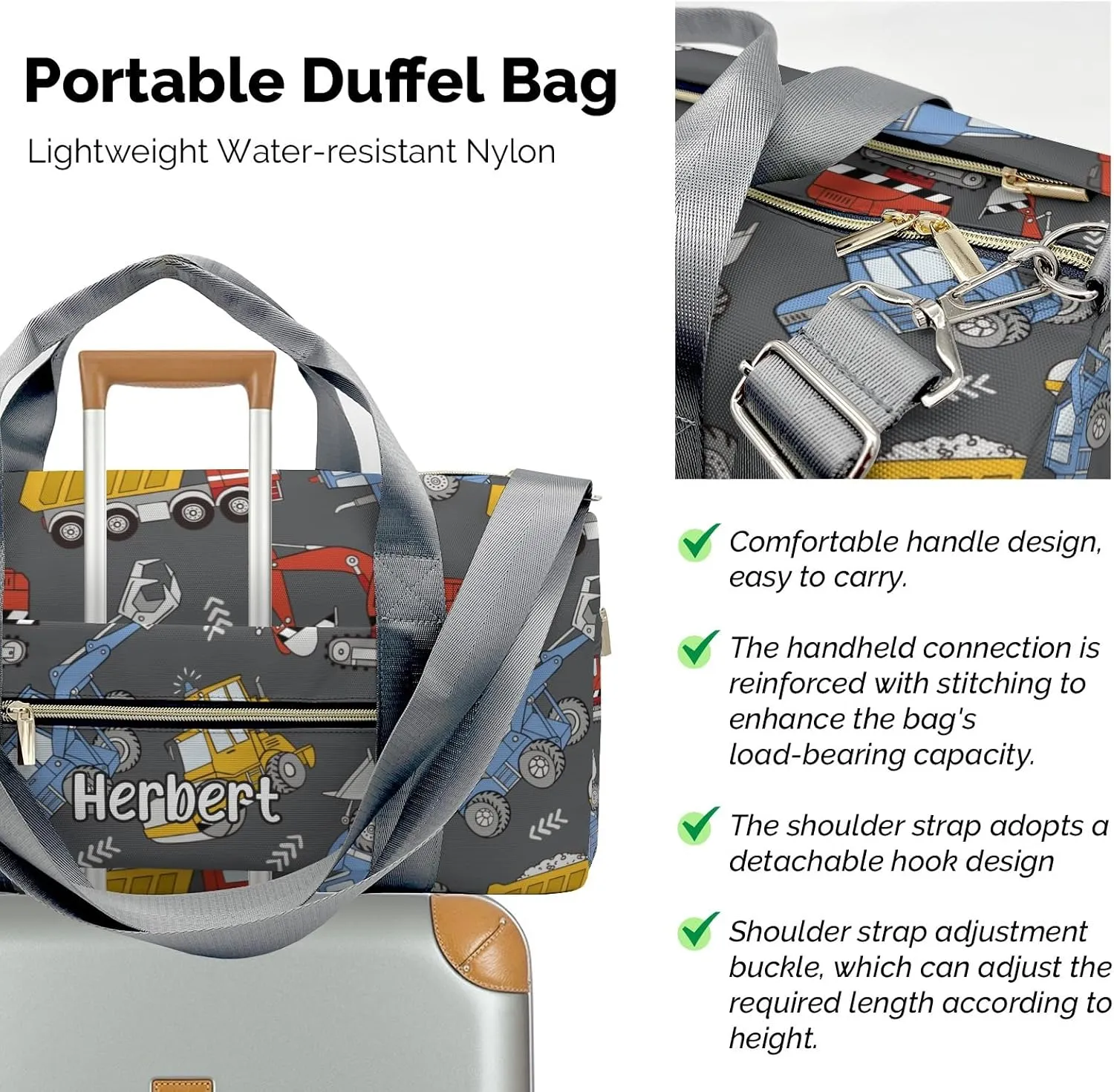 Personalized Construction Trucks Bulldozers Custom Multi-functional Travel Bag, Unisex Portable Duffel Bag, Short Distance Travel Assistant