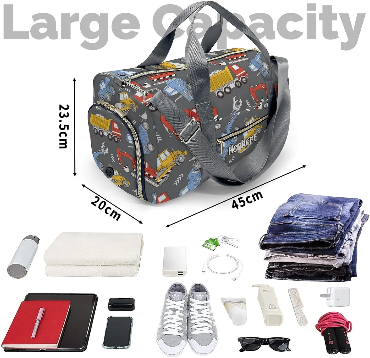 Personalized Construction Trucks Bulldozers Custom Multi-functional Travel Bag, Unisex Portable Duffel Bag, Short Distance Travel Assistant