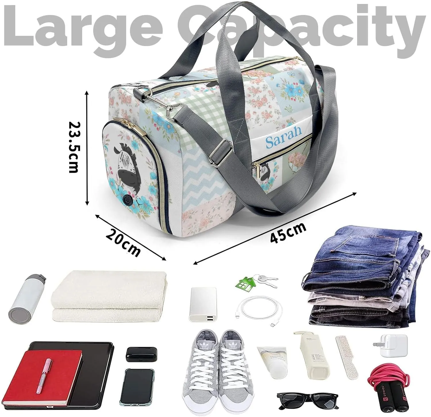 Personalized Cute Animal Zebra Flower Wreath Custom Multi-functional Travel Bag, Unisex Portable Duffel Bag, Short Distance Travel Assistant