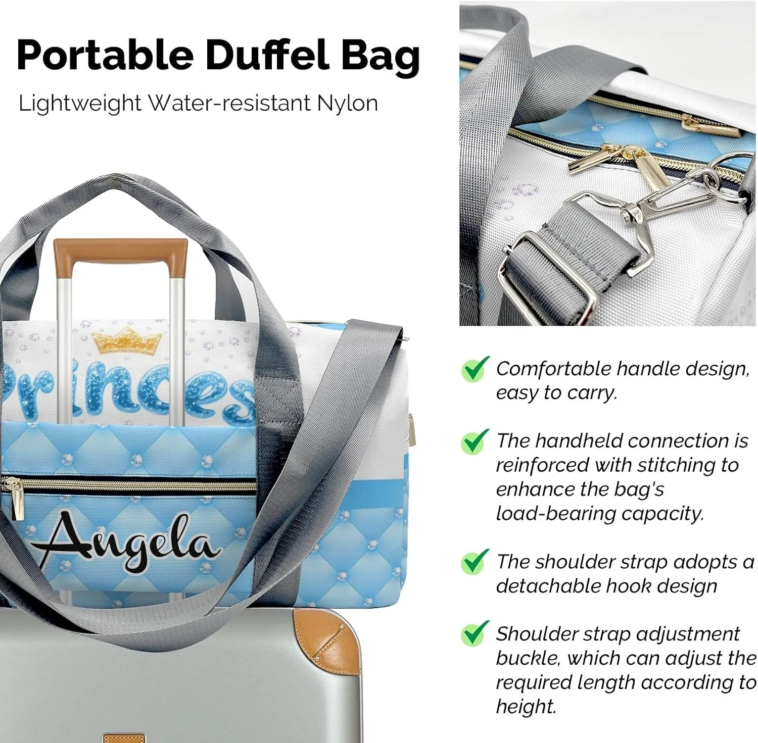 Personalized Diamond Princess Crown Bow Customized Multi-functional Handbag Travel Bag,Unisex Short Trip Portable Duffel Bag